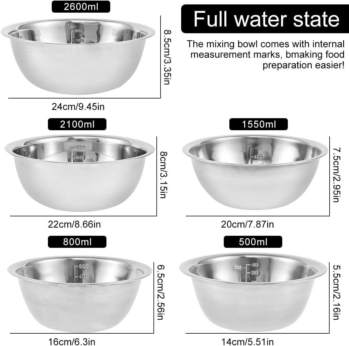 Stainless Steel Mixing Bowl Set of 5 with Measurement Markers Multipurpose Soup Basin 5 Sizes Space Saving Nesting Bowls Metal Kitchen Bowl for Baking Food Storage (0.5L,0.8L,1.55L,2.1L,2.6L) image number 3