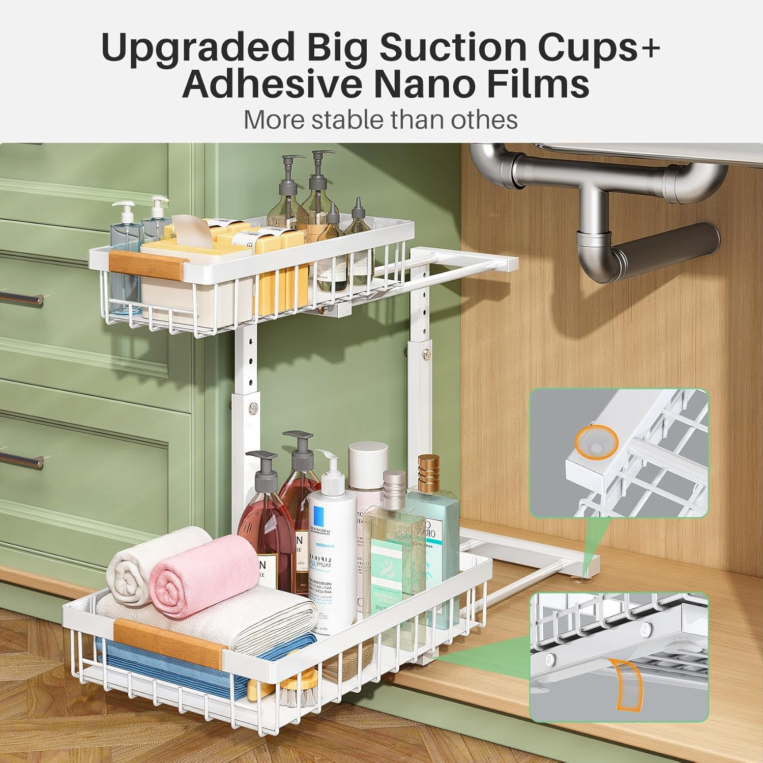 Kitstorack 2 Pack under Sink Storage, 2 Tier Metal Pull Out Kitchen under Sink Organiser, Kitchen Storage & Organisation under Cupboard Storage for Kitchen Bathroom Cabinet Organization Rack,White image number 5