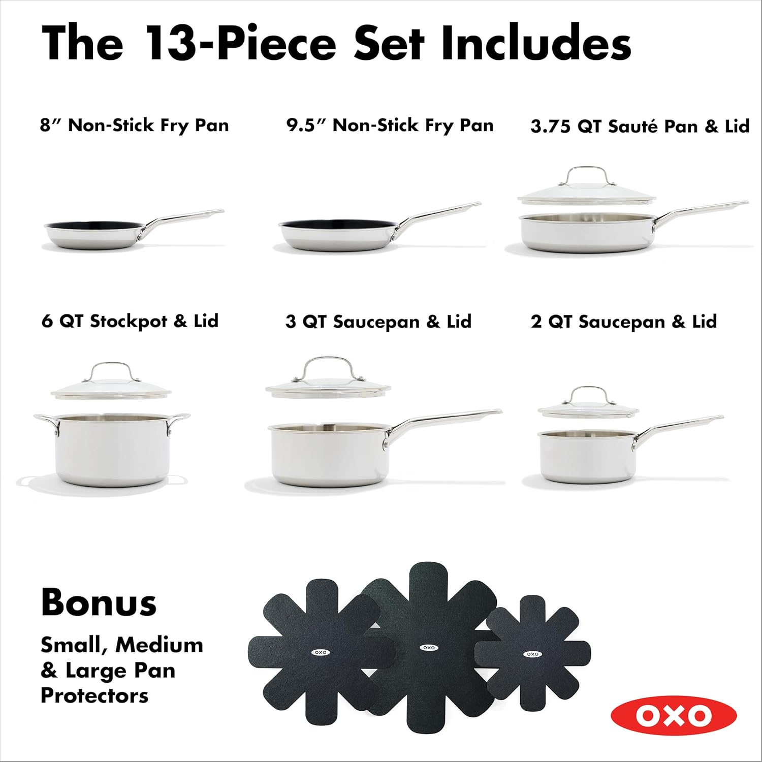 OXO Agility Stainless Steel 13 Piece Cookware Pots and Pans Set, Induction, Ceramic Nonstick PFAS -Free Coated Frypans, Ultra-Durable, Quick Even Heating, Chip-Free Rims, Dishwasher and Oven Safe image number 5