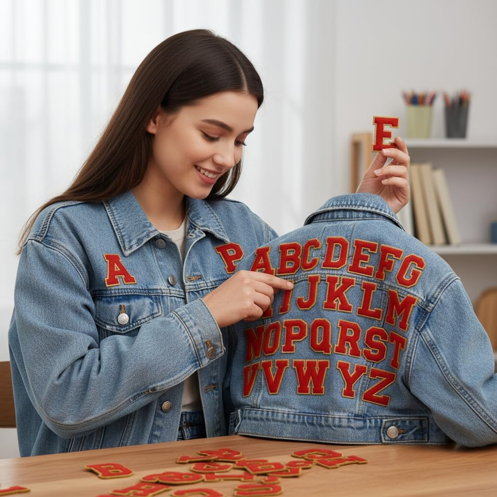 26Pcs Chenille Letter Patches A-Z for DIY Clothing, Fabric, Shoes, Bags &ndash; Self-Adhesive Decorative Iron-On Patches with Gold Trim, Premium Quality (Red)&ndash; Ruibex image number 3