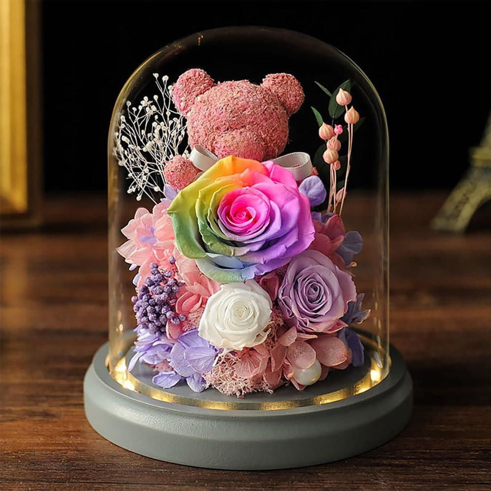 Rainbow Eternal Rose in Glass Dome with Moss Bear | Unique Valentine'S Her | Romantic Home Decor | Long-Lasting Floral Arrangement (Colorful)