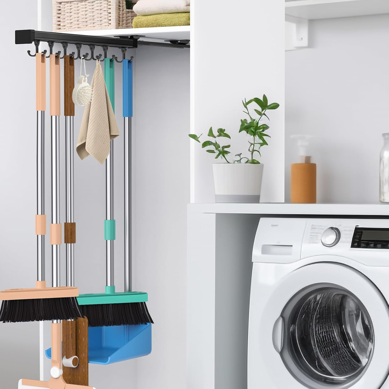 Primzooty Pull Out Broom Holder with Adjustable Double Row Sliding Hook, Multifunctional Slide Broom and Mop Storage/Organizer Garage Organization Hooks, for Closet Laundry - 41Cm/16.14Inch image number 3