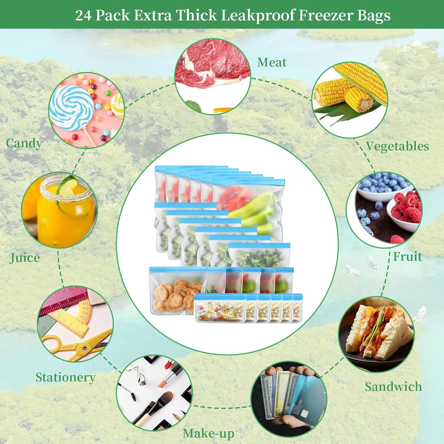 24 Pack Extra Thick Leakproof Freezer Bags, Reusabel Food Storage Bags, Bpa-Free EVA Travel Storage Bag, Ultra-Thick Sandwich Leak-Proof Eco-Friendly Sealed Bag for Grocery Lunch Meat Veggies (Orange) - Green image number 2