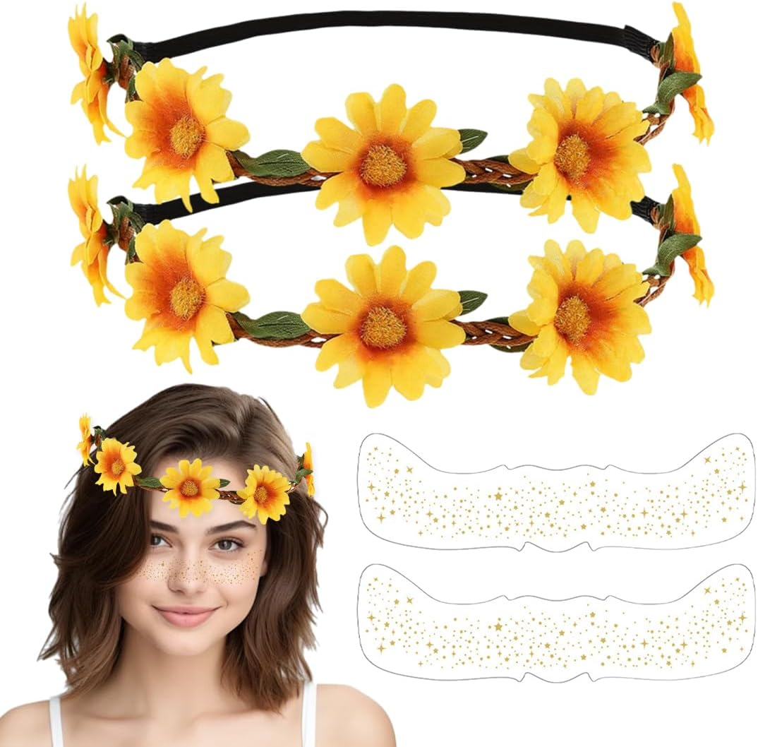 LQIOACU Pack of 2 Flower Wreath Sunflower, Headband Girls Spring, Sunflower Costume Women, Flower Decoration Hair, with 2 Children'S Tattoos image number 3