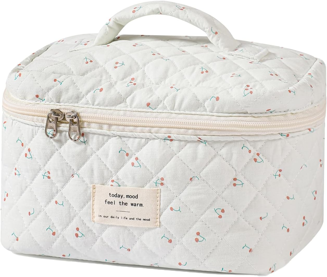 Uekeboag Large Travel Quilted Makeup Bag for Women, Floral Cotton Cosmetic Bag, Coquette Aesthetic Floral Toiletry Organizer Bag, White-Cherry, Floral Cotton - 03White-Bear image number 5