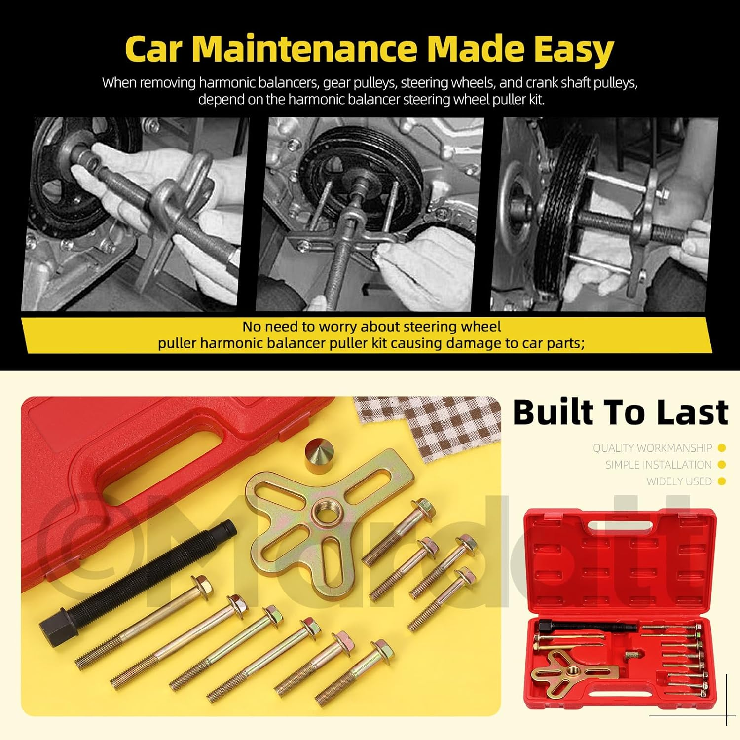 13Pcs Steering Wheel Puller Harmonic, Power Steering Pulley Puller Installer Tool Set Flywheel Puller Crankshaft and Gears, Automotive Steering Wheel Puller Tool Kit, Work on Most Cars image number 2