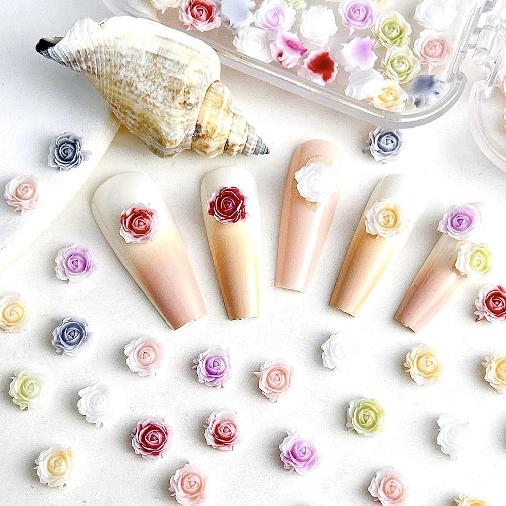 Pack of 100 Cute Flower Nail Charms, Mixed Size Flower Charms Nails Colourful Floral Nail Design Nail Charms 3D Resin Camellia Rose Flower Nail Decoration Nail Art Charms for Women Nail Art image number 1