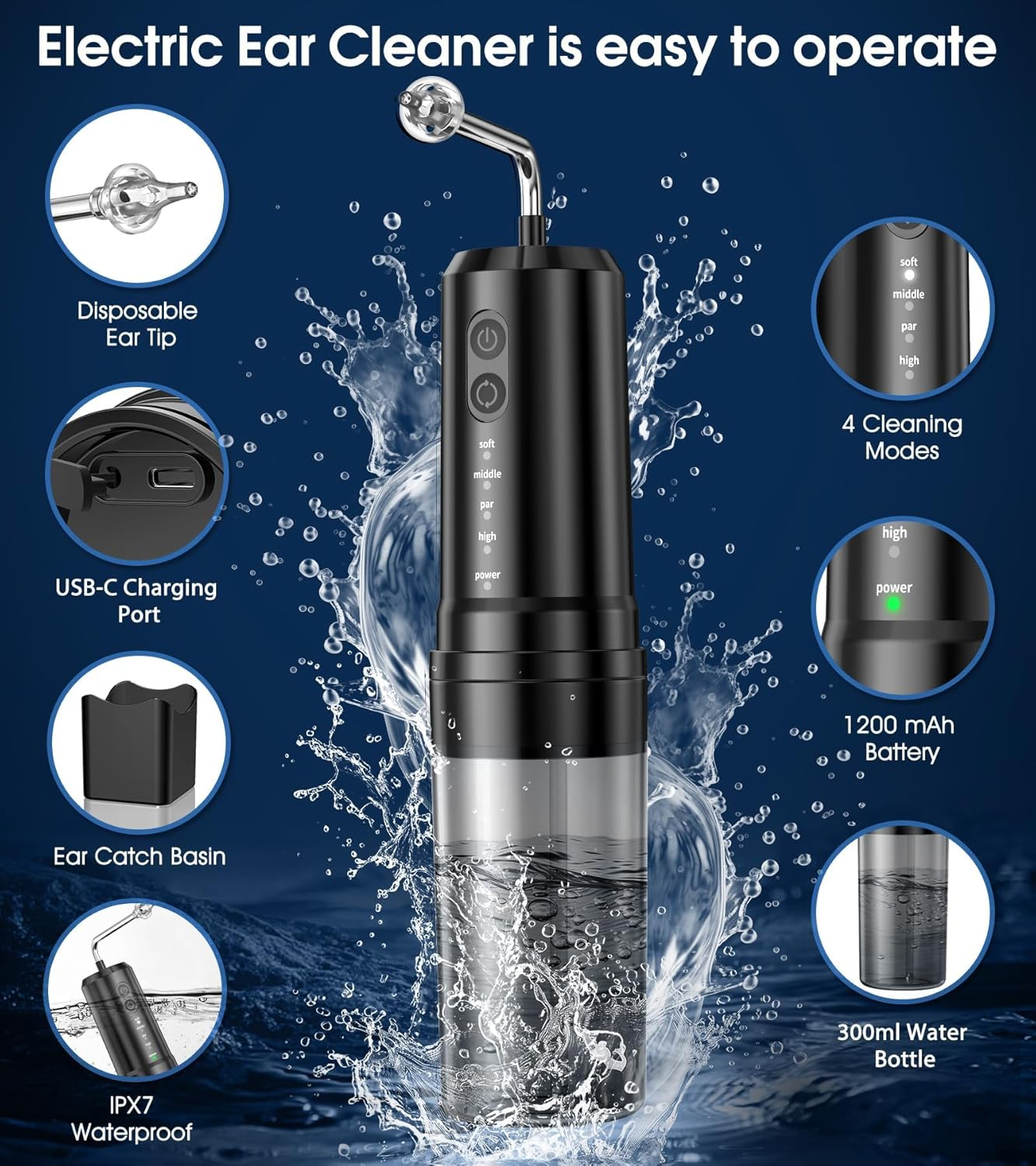 Ear Wax Removal Kit,Usb Electric Water Powered Ear Cleaner with 10 Replaceable Tips,4 Cleaning Modes IPX7 Waterproof Ear Irrigation System Reusable Ear Flushing Cleaning Tool for Kids Adults Home Use image number 4