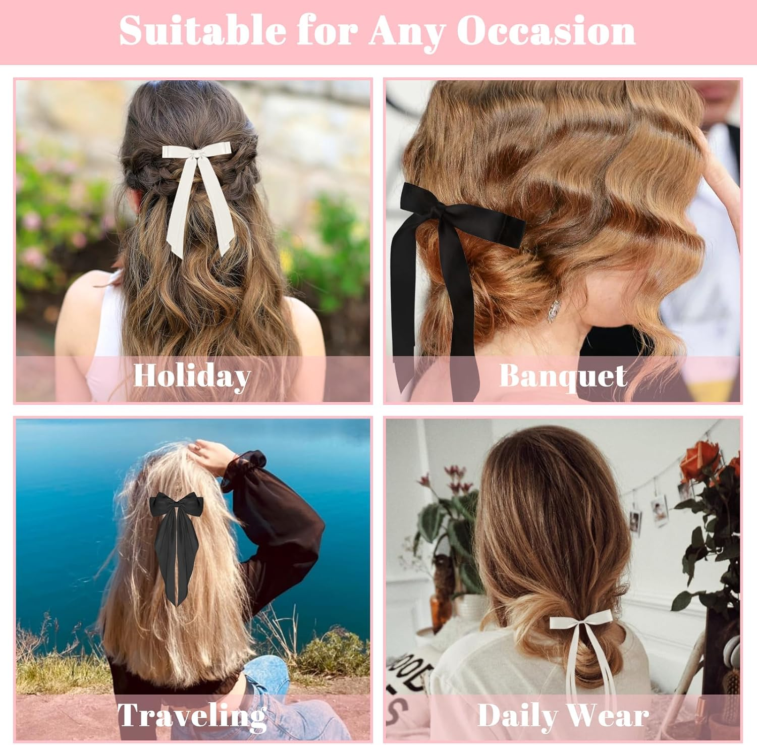 OT-NVWOZR Pack of 12 Hair Clips Bow for Women, Satin Hair Bows with Long Tail, 3 Styles Silky Bows Hair Clips Metal Girls Hair Accessories Women image number 4