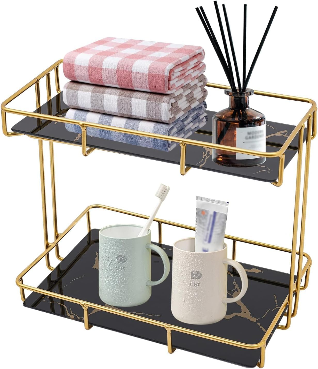 Bathroom Organizer Countertop Perfume Organizer, Makeup Organizer Cosmetics Storage Display Rack Vanity Tray, Dresser Stainless Steel Gold Shelf Marble Ceramic Tray (Black) image number 4