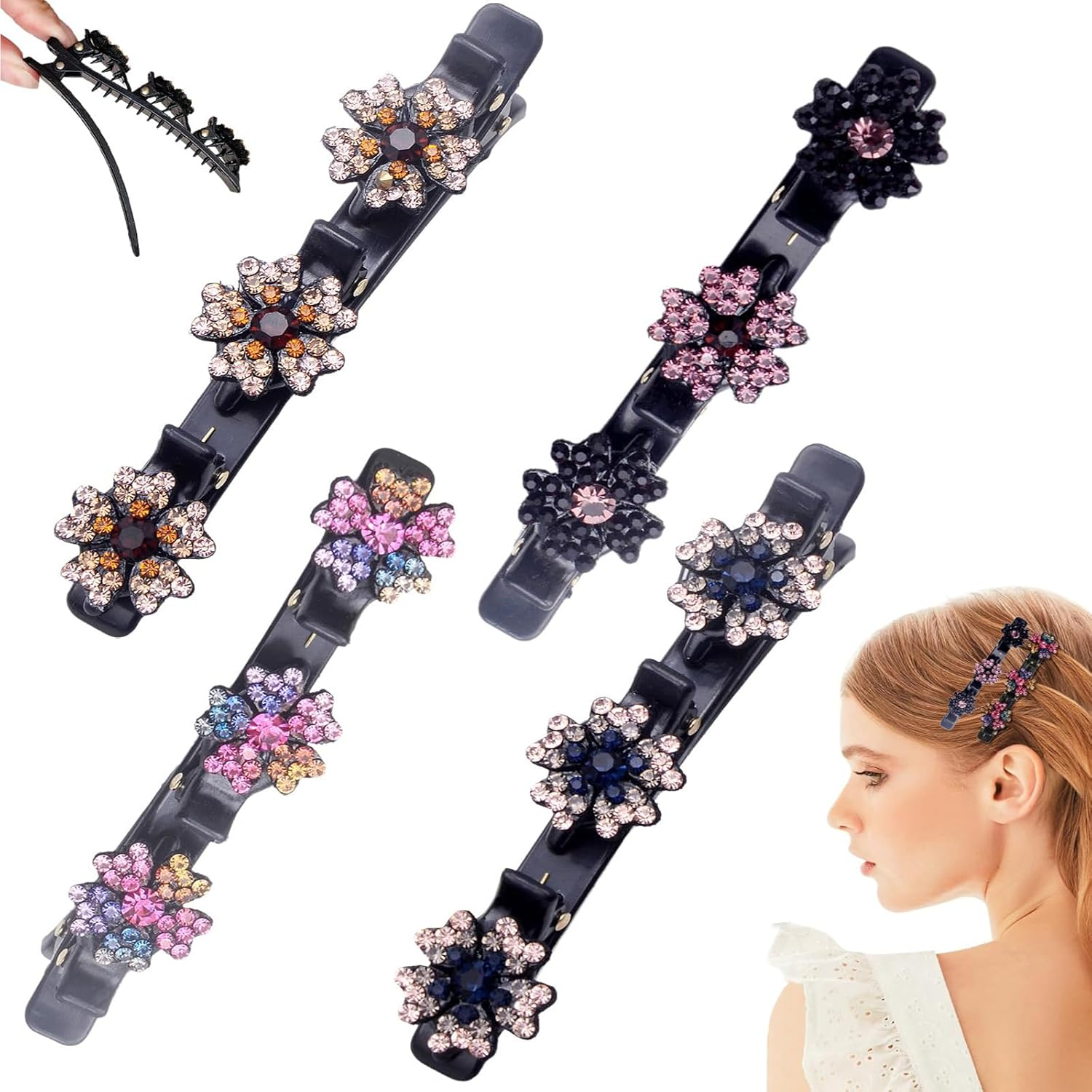 4 Sparkling Crystal Stone Braided Hair Clips, 3 Flower-Shaped Stones, Hair Accessories for Styling and Sectioning, Braided Duckbill Clips for Women and Girls. image number 2