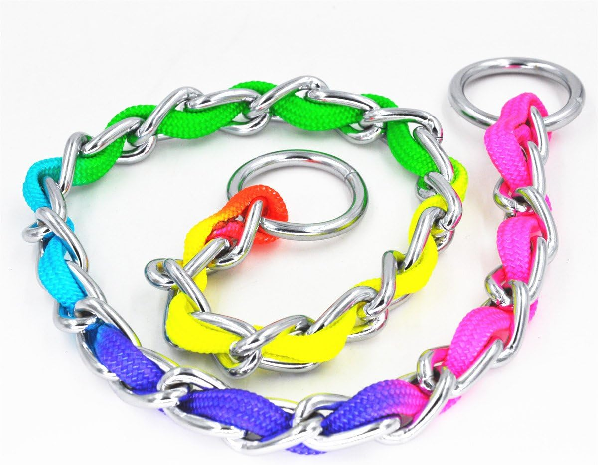 JWPC Rainbow Color Stainless Steel P Chock Metal Chain Training Dog Pet Collars Necklace Walking Training Pet Supplies for Small Medium Large Dogs,L