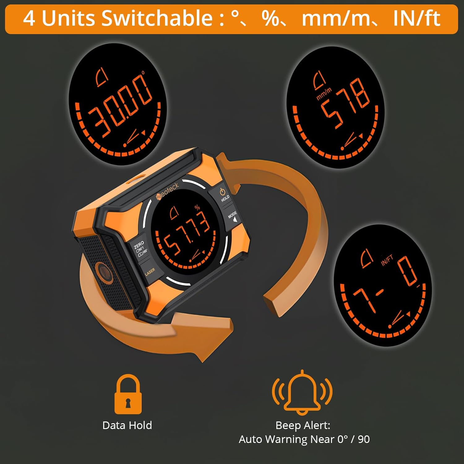 Neoteck 3-In-1 Laser Level Digital Angle Gauge with Magnetic Base &ndash; Rechargeable Digital Inclinometer with 0-90&deg; & 0-180&deg; Range, Cross Line Laser for Woodworking, Carpentry, DIY & Alignment image number 5