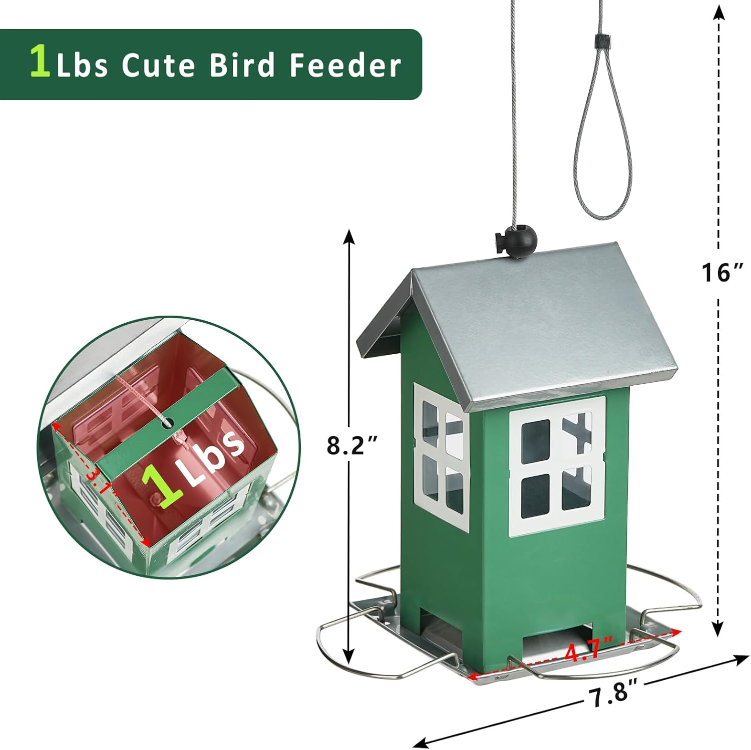 Small Metal Bird Feeders for Outdoors, Cute House Shape Bird Feeder with Window Design, Garden Terrace External Hanging Decorative Birdfeeder for Finch Sparrow Little Birds - Premium Green image number 4