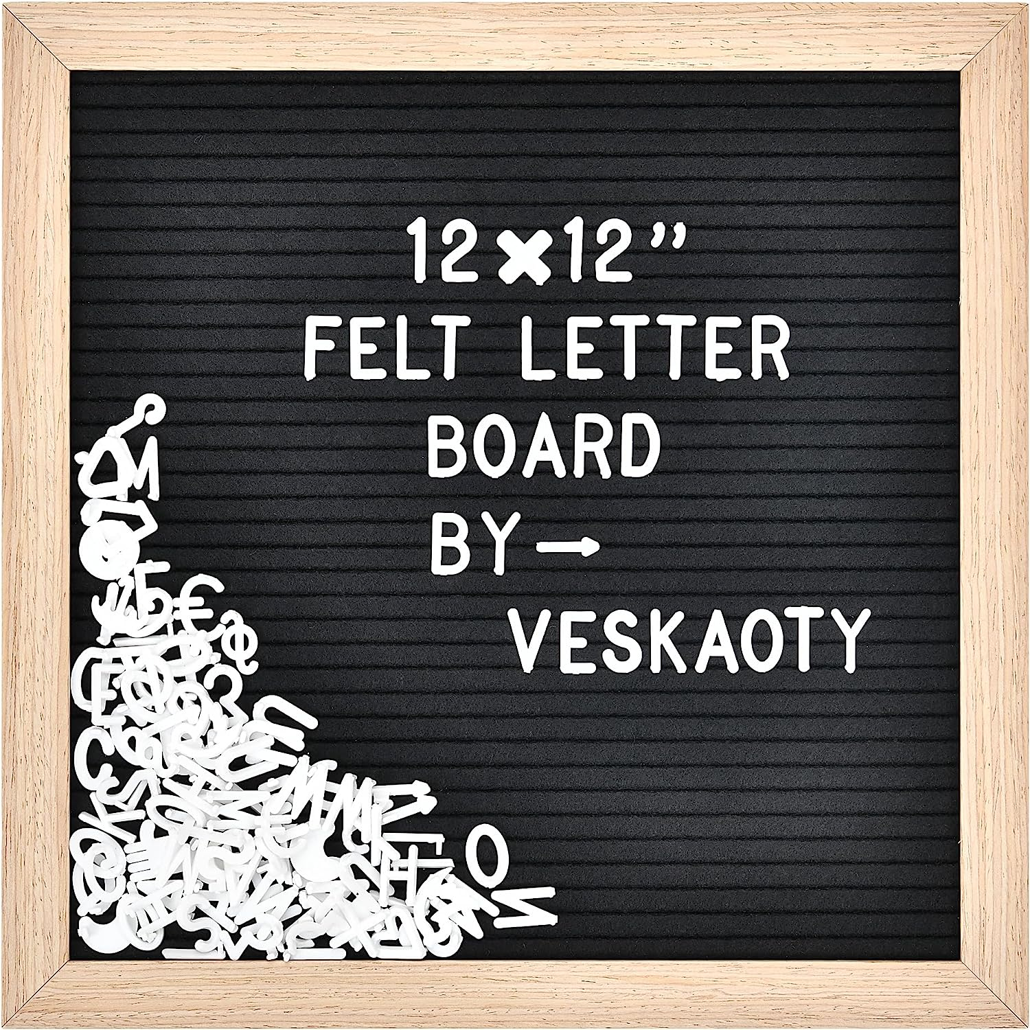 Veskaoty Felt Letter Board with 460 Letters, Numbers & Symbols - 12 X 12 Inch Changeable Message Board with Wooden Frame Wall Mount Hook, (Gray Board & Wood Frame), (PL-GW-12B)