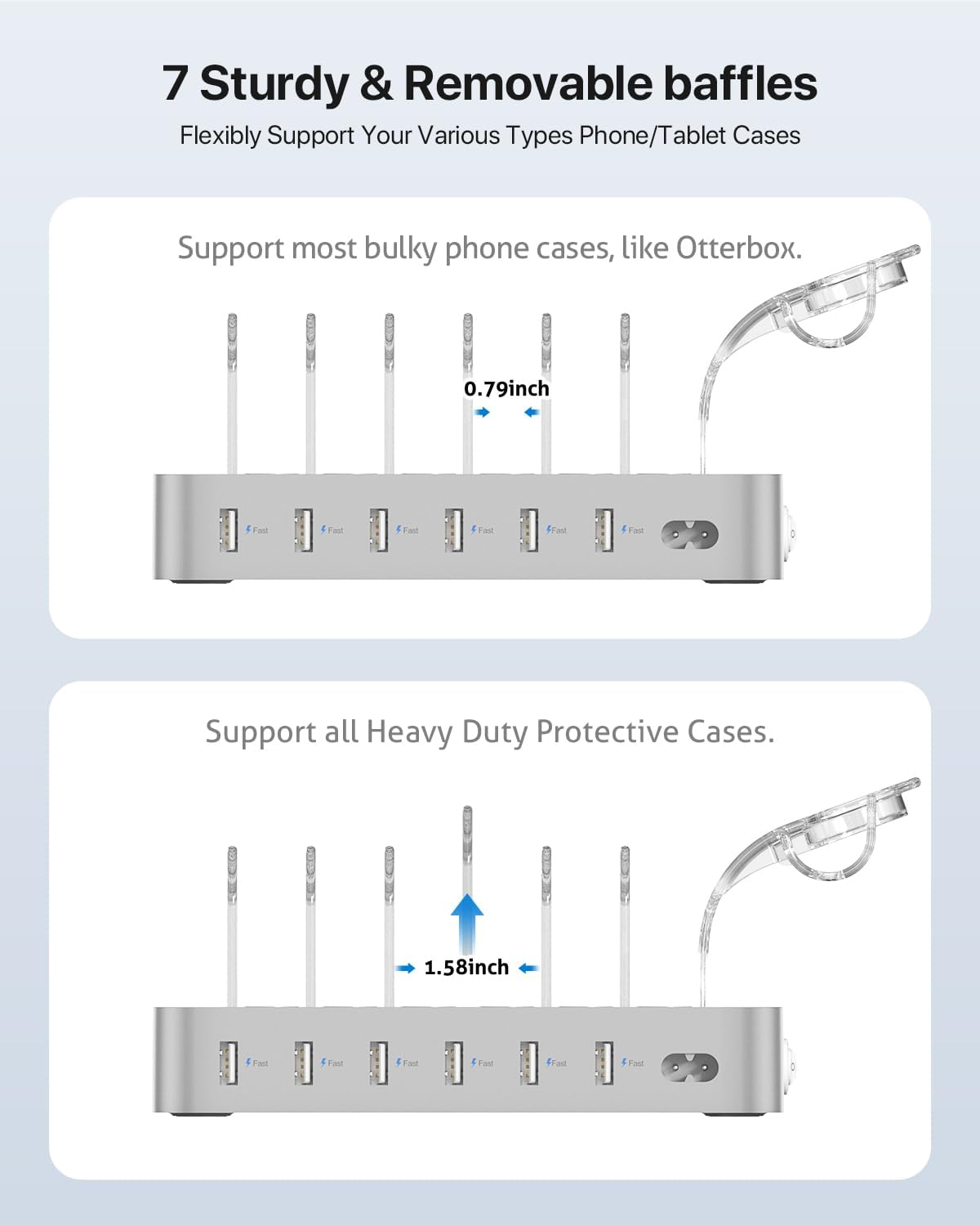 Soopii Premium 6-Port USB Charging Station Organizer for Multiple Devices, 6 Short Charging Cables and One Upgraded I-Watch Charger Holder Included, for Phones, Tablets, and Other Electronics,Silver - Silver image number 3