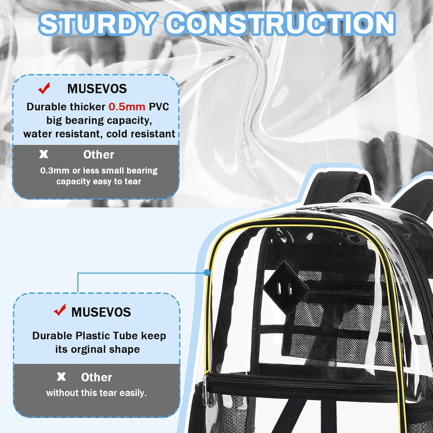 MUSEVOS Clear Backpack, Heavy Duty See through Book Bag for School, College Transparent PVC Bookback Stadium Approved - Blue image number 2