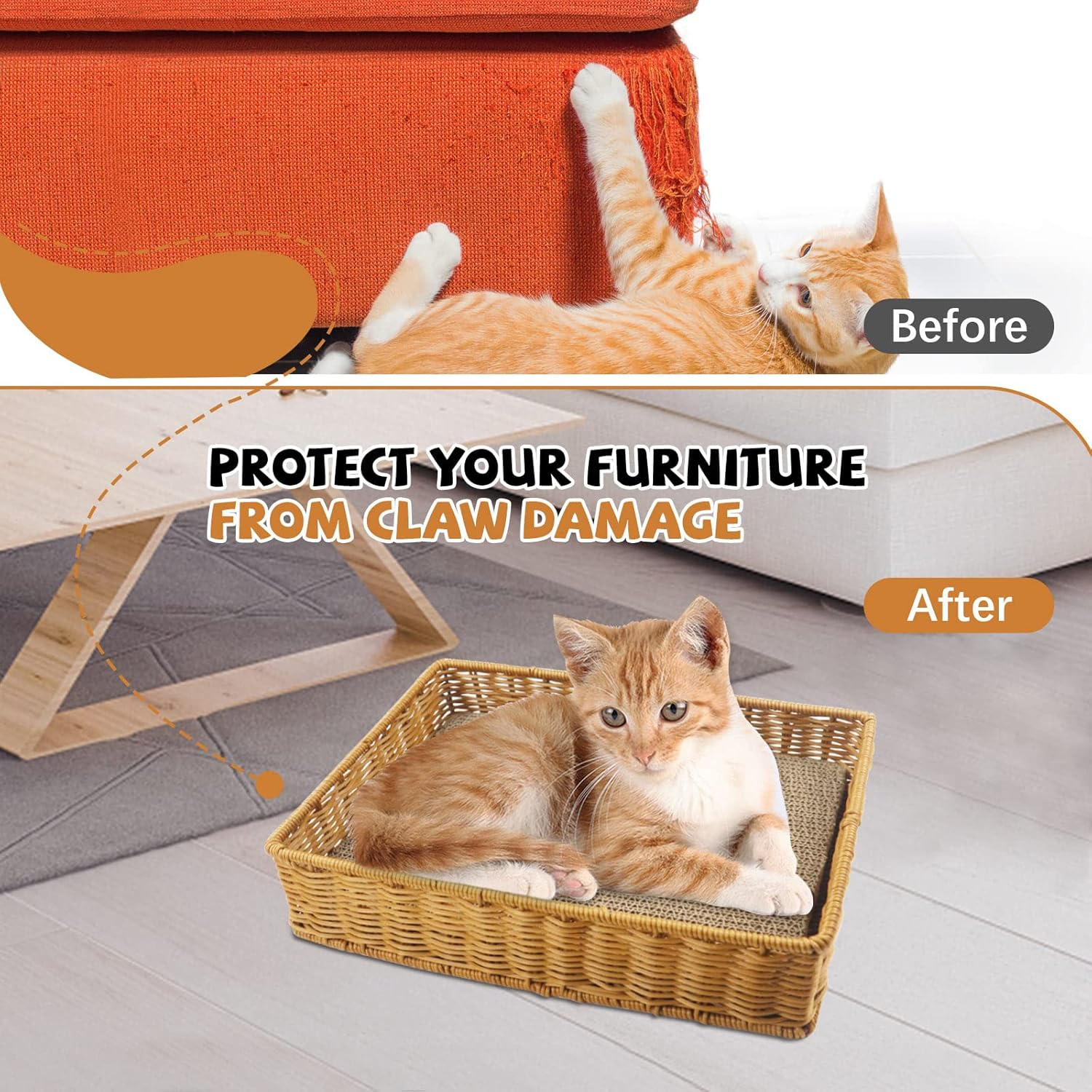 LELE LIFE Pack of 3 Cat Scratchers with Sturdy Lounge Basket, Double-Sided Cat Scratching Pad, Cardboard Scratching Board, Cat Scratching Board Post, Cat Scratcher for Indoor Cats image number 4