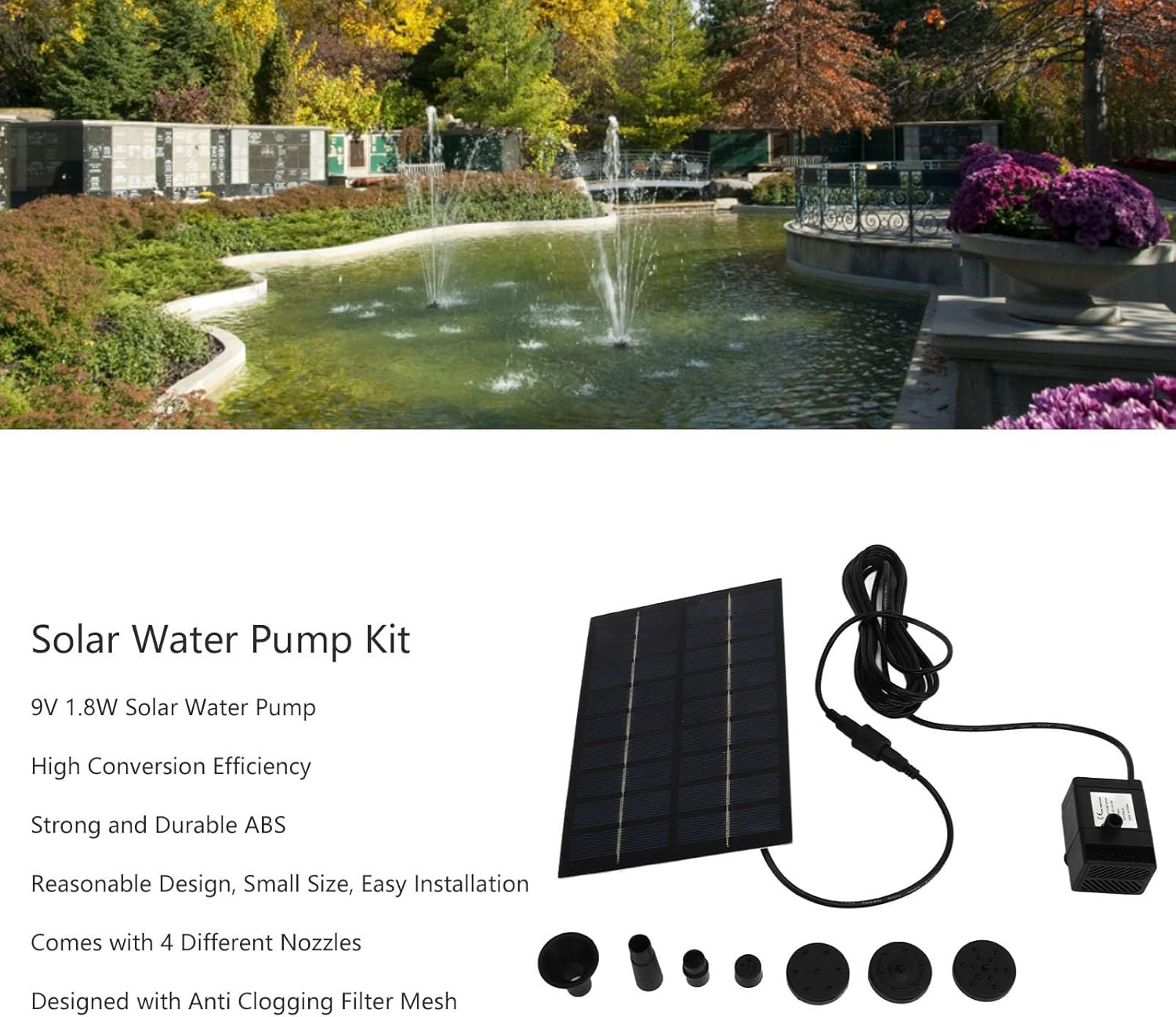 High Stability Solar Water Solar Water Pump Kit, Solar Pond Pump Pump Kit 9V 1.8W anti Clogging Mesh Solar Pond Pump for Bird Baths, Easy Mounting