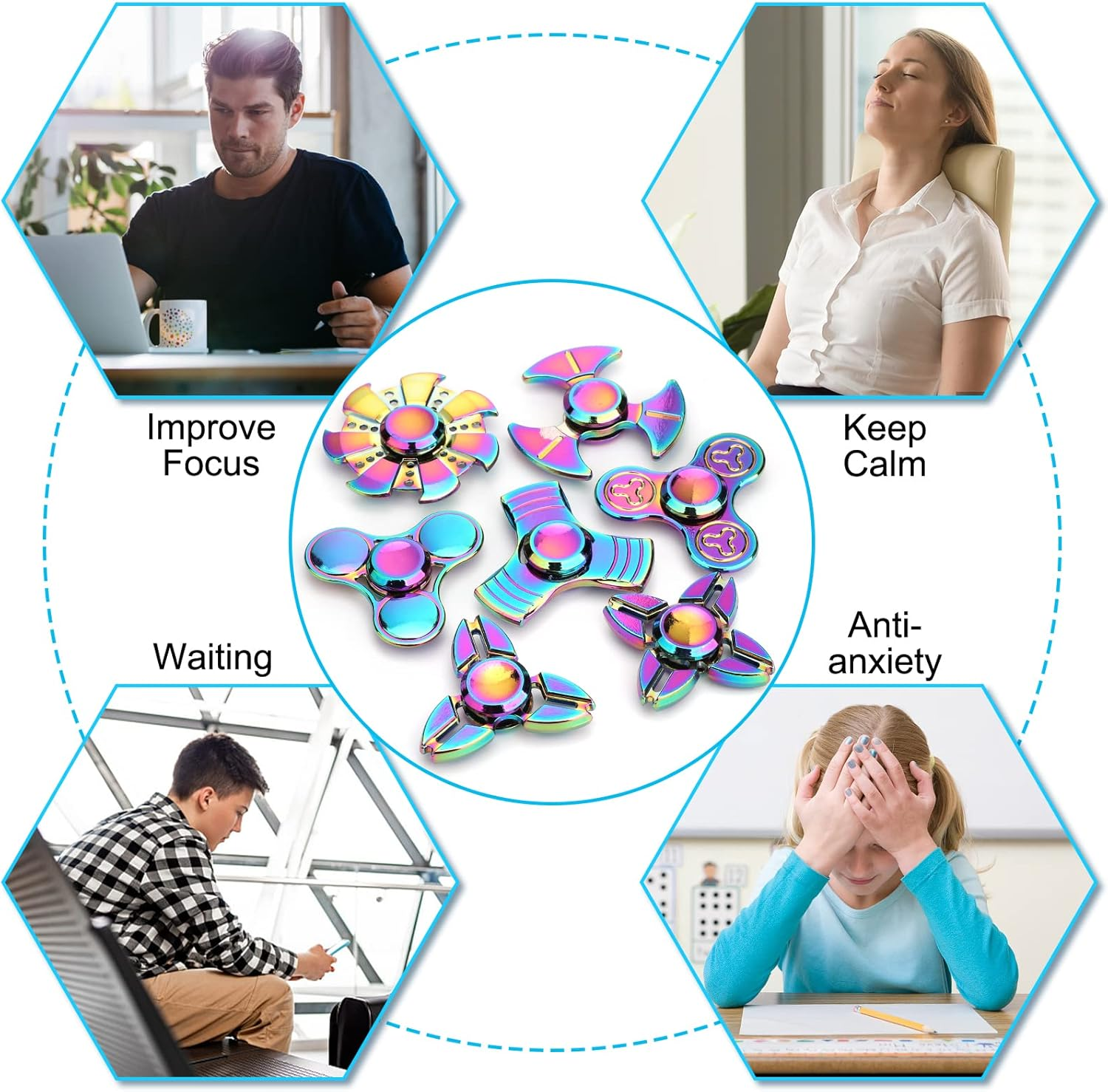 7 Pack Rainbow Fidget Spinners Pack Stress Relief Toys for Kids Adults, Finger Hand Spinner Metal Fidget Bulk Set Desk Toy for Anti-Anxiety Focus, Cool Small Gadget Novelty Gifts Party Favor