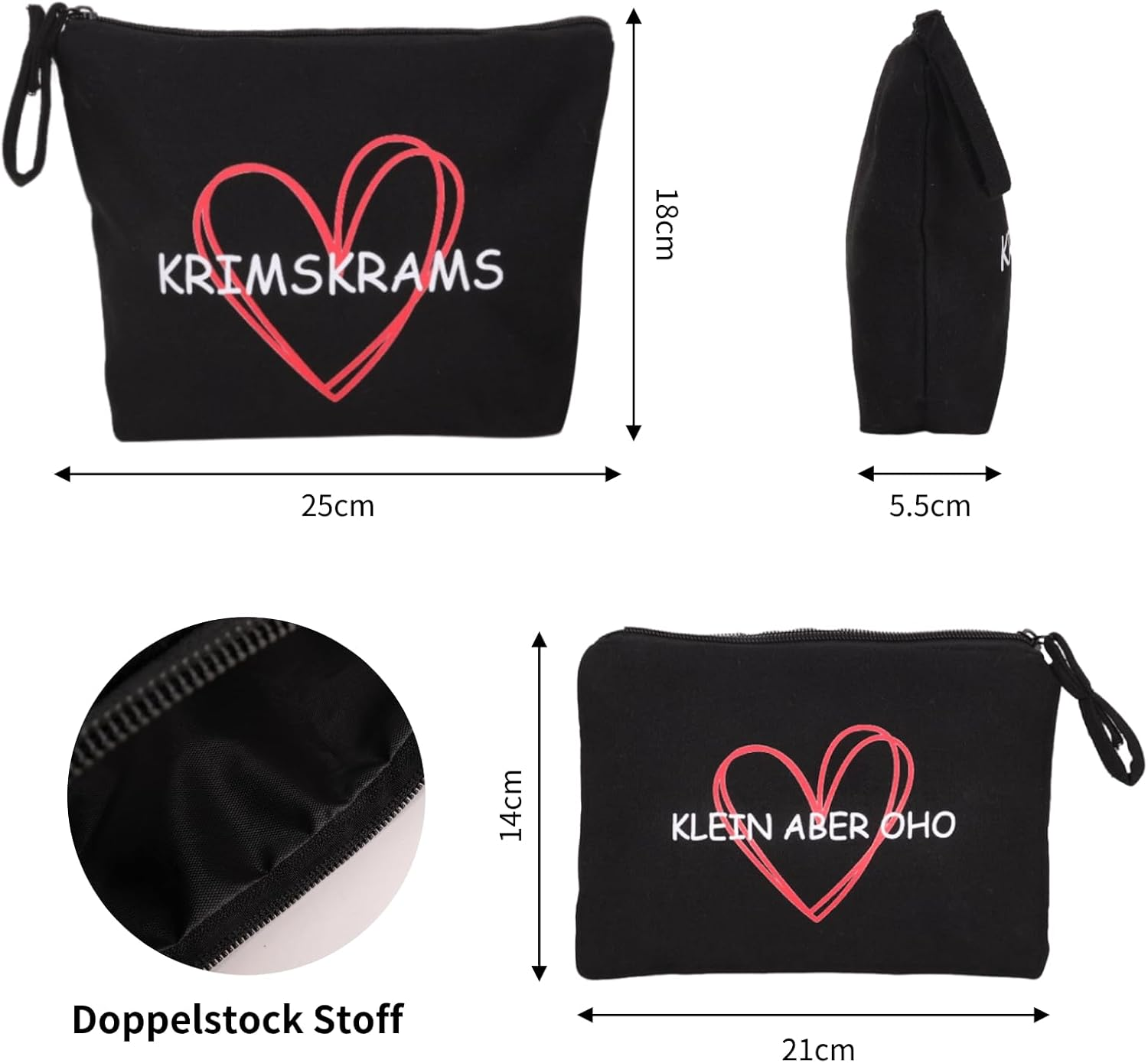 Pack of 2 Small Cosmetic Bag for Women/Girls, Toiletry Bag for Women, Black Krimskrams Make-Up Bag for Women, Girlfriend, Mum, Make up Bag with Saying, Travel Purse image number 5