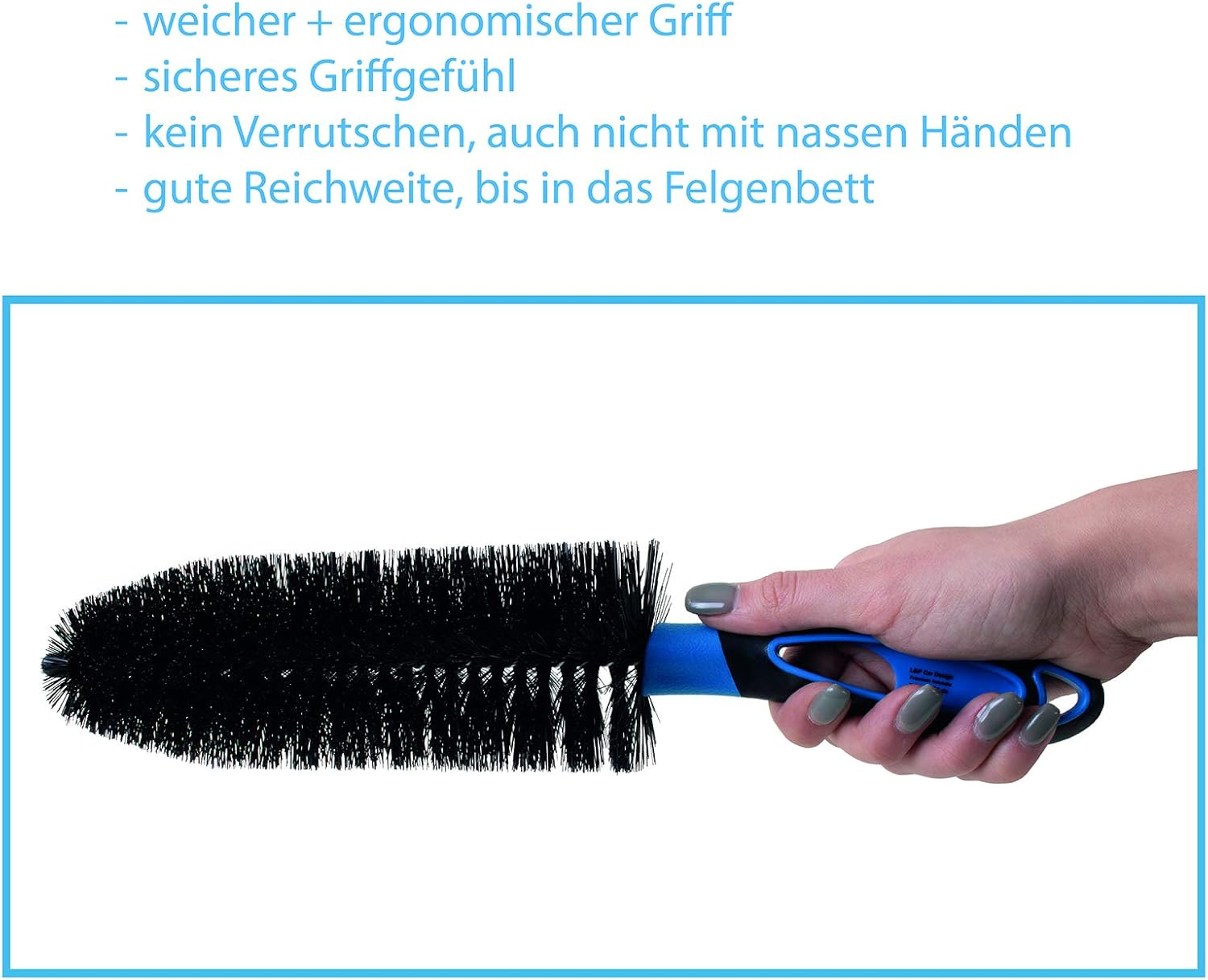 L&P A351-4 Premium Wheel Rim Brush Long Car Motorcycle Rims Aluminium Wheels Brush Gentle Effective 36 Cm Cleaning Brush Wheels Rim Cleaning Care Professional Quality (1 Piece Black Blue) image number 2