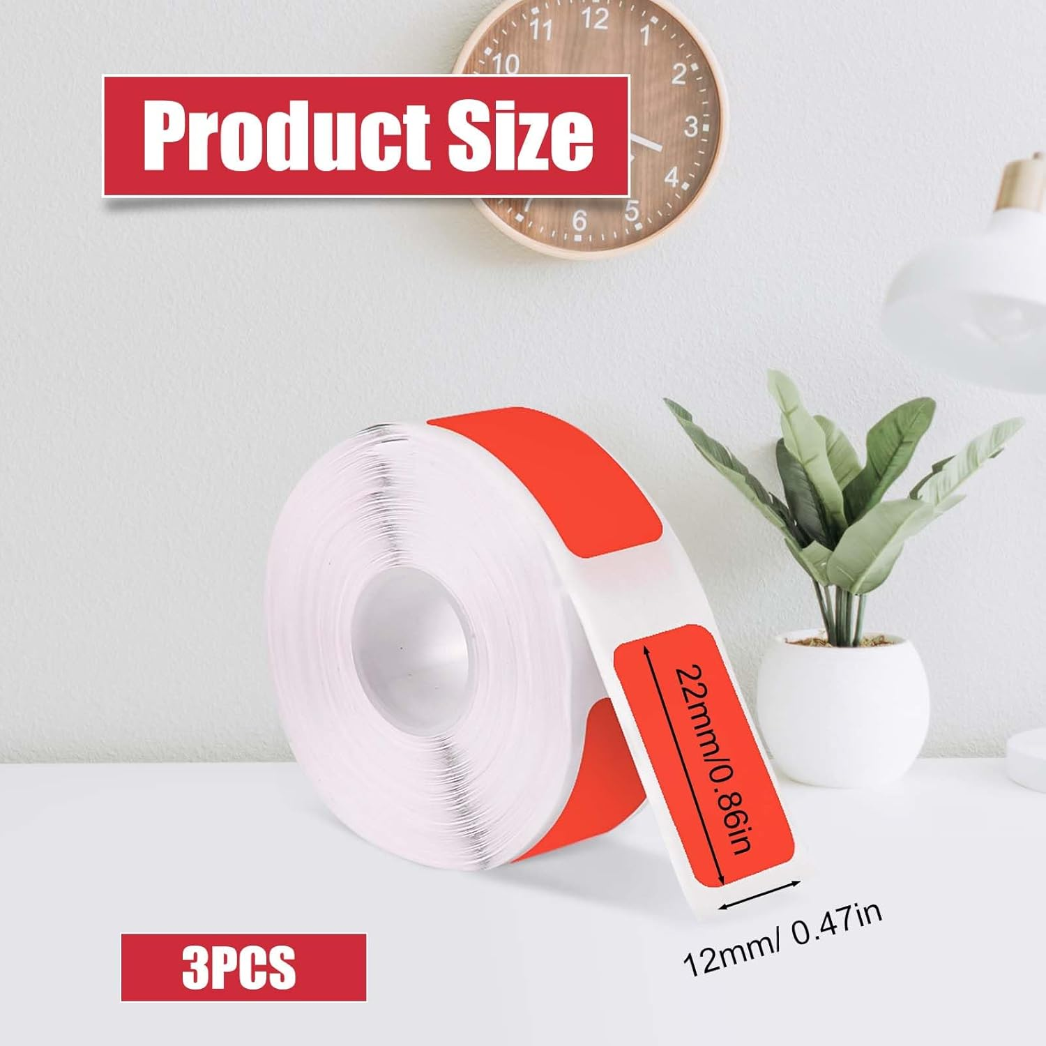 3 Rolls Label Maker Tape for Phomemo D30, Label Printer Paper Stickers Waterproof Thermal Self-Adhesive Label Thermal Paper for Label Maker Machine for Home Office School (Red, 12Mm X 22Mm)