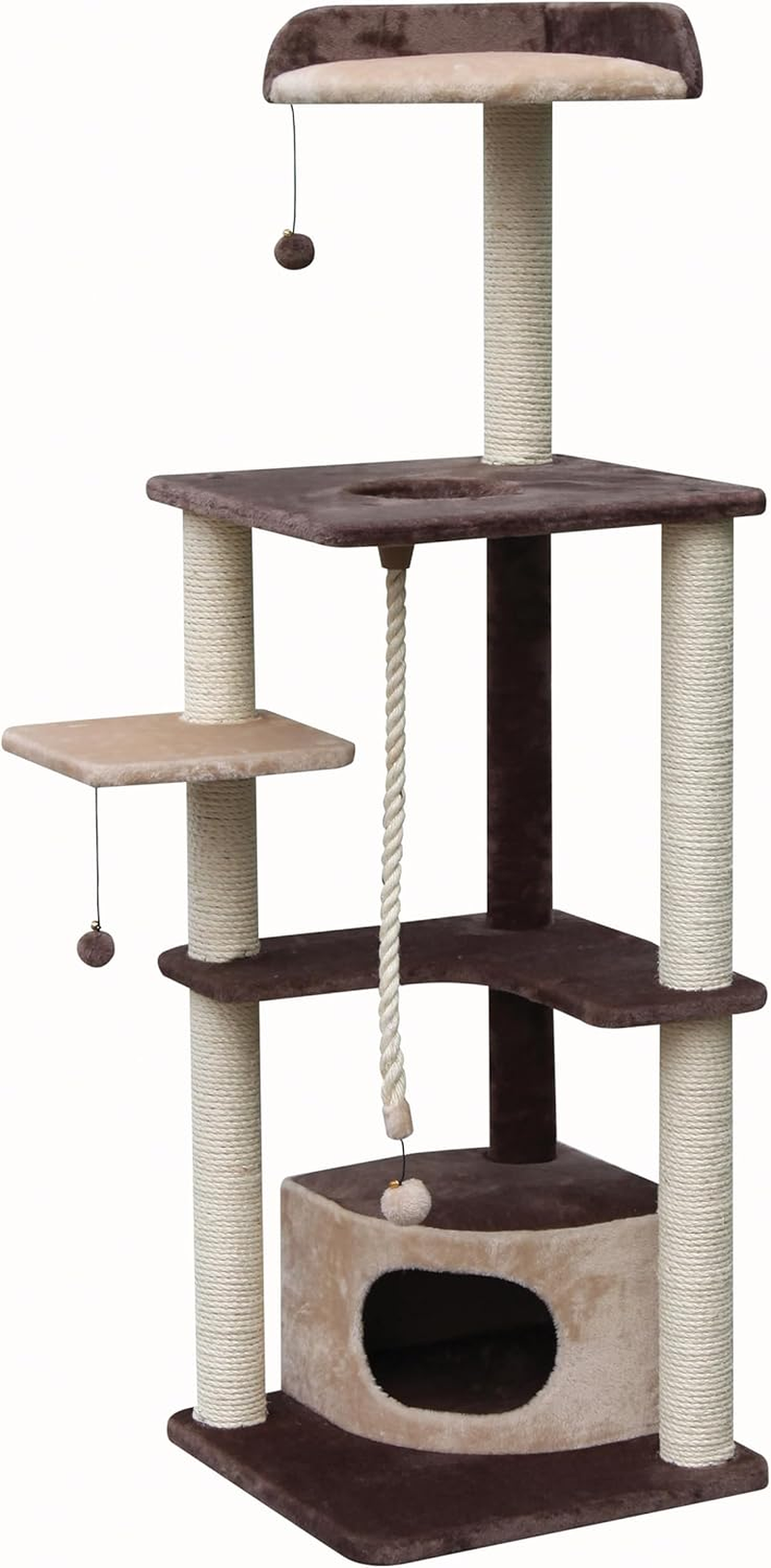 Cattitude Cat Scratch Playground Jungle Gym Brown, Brown, 156.5Cm Height - Cat House, Sisal, Hanging Pom Poms, Soft Plush Material, Multi-Level Cat Tree