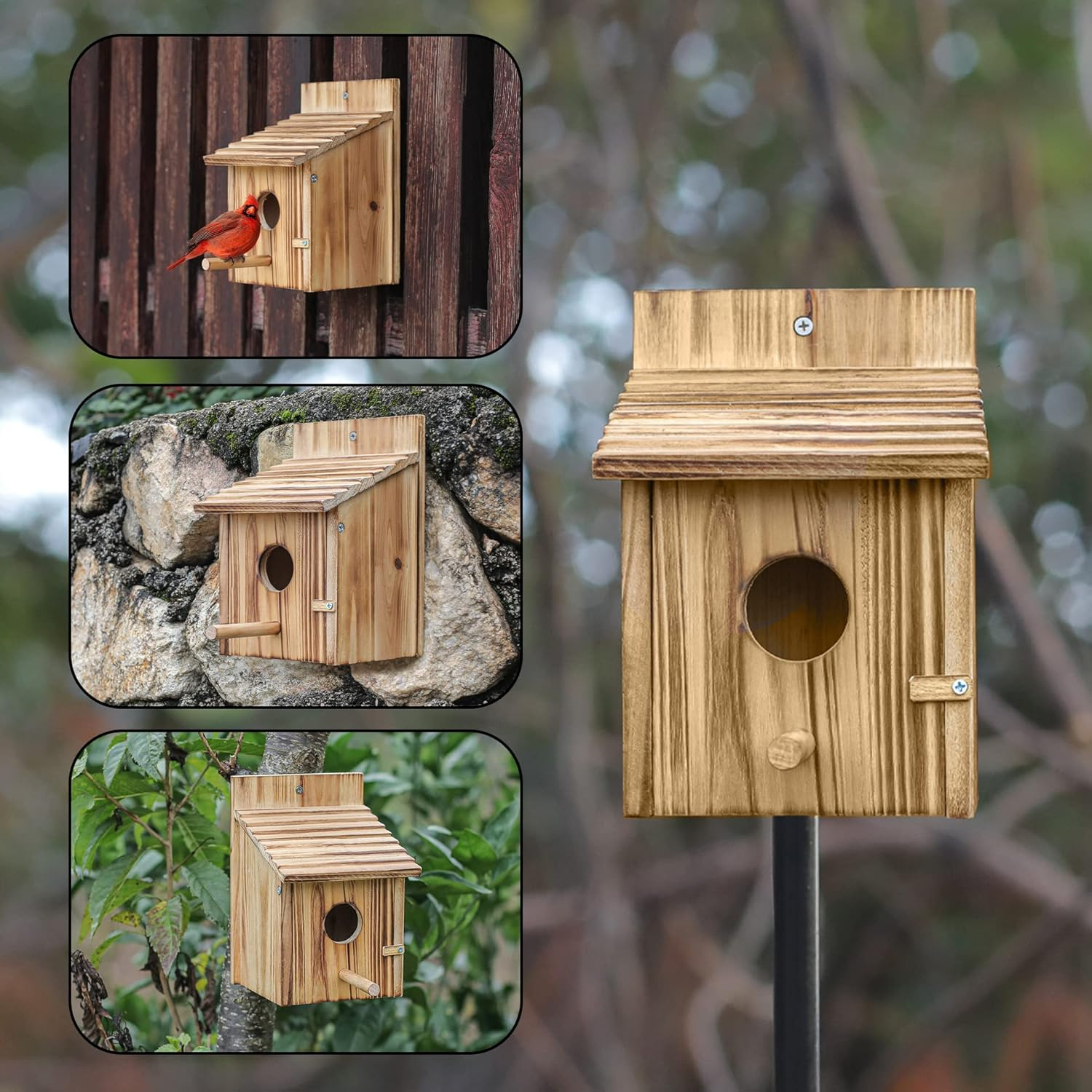 QYINXIU Bird Houses, Wood Bird House for outside with Pole for Finch, Bluebird, Cardinals, Hanging Birdhouse Garden Country Cottages Bird Box House
