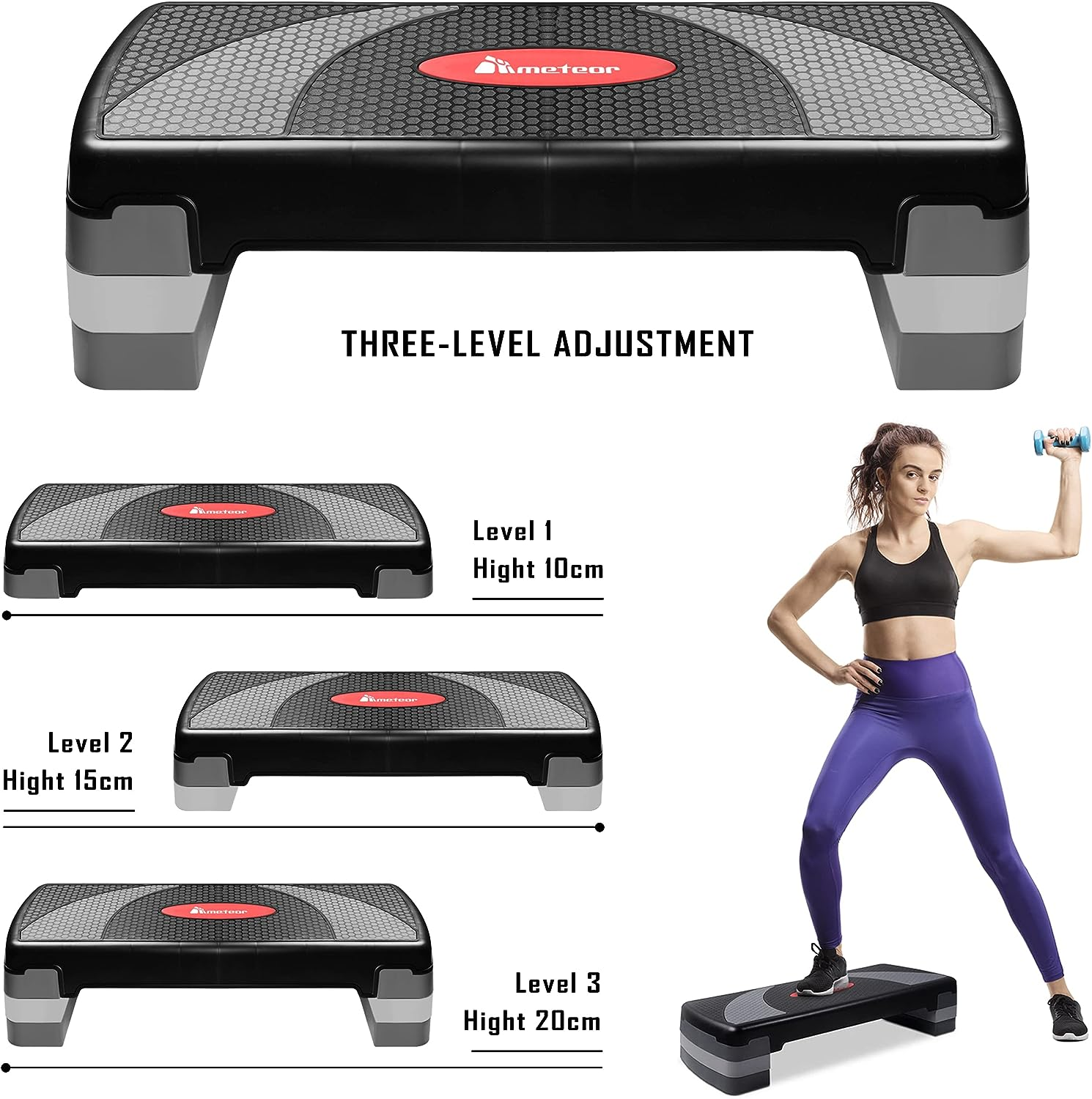 METEOR Aerobic Step Platform &ndash; Three Level Adjustable Stepper (10Cm-15Cm-20Cm) for Home & Gym Cardio Workouts & Fitness Training, Textured Non-Slip Surface, Max Capacity 200Kg image number 1