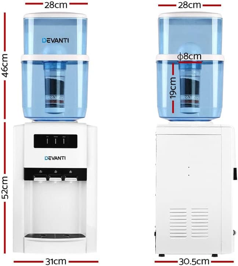 Devanti Water Dispenser Top Loading Cooler for Office Home Living Room Indoor, Portable Cold Hot Chiller Purifier 22L with Filter Bottle, Benchtop White 3 Temperature Settings image number 4
