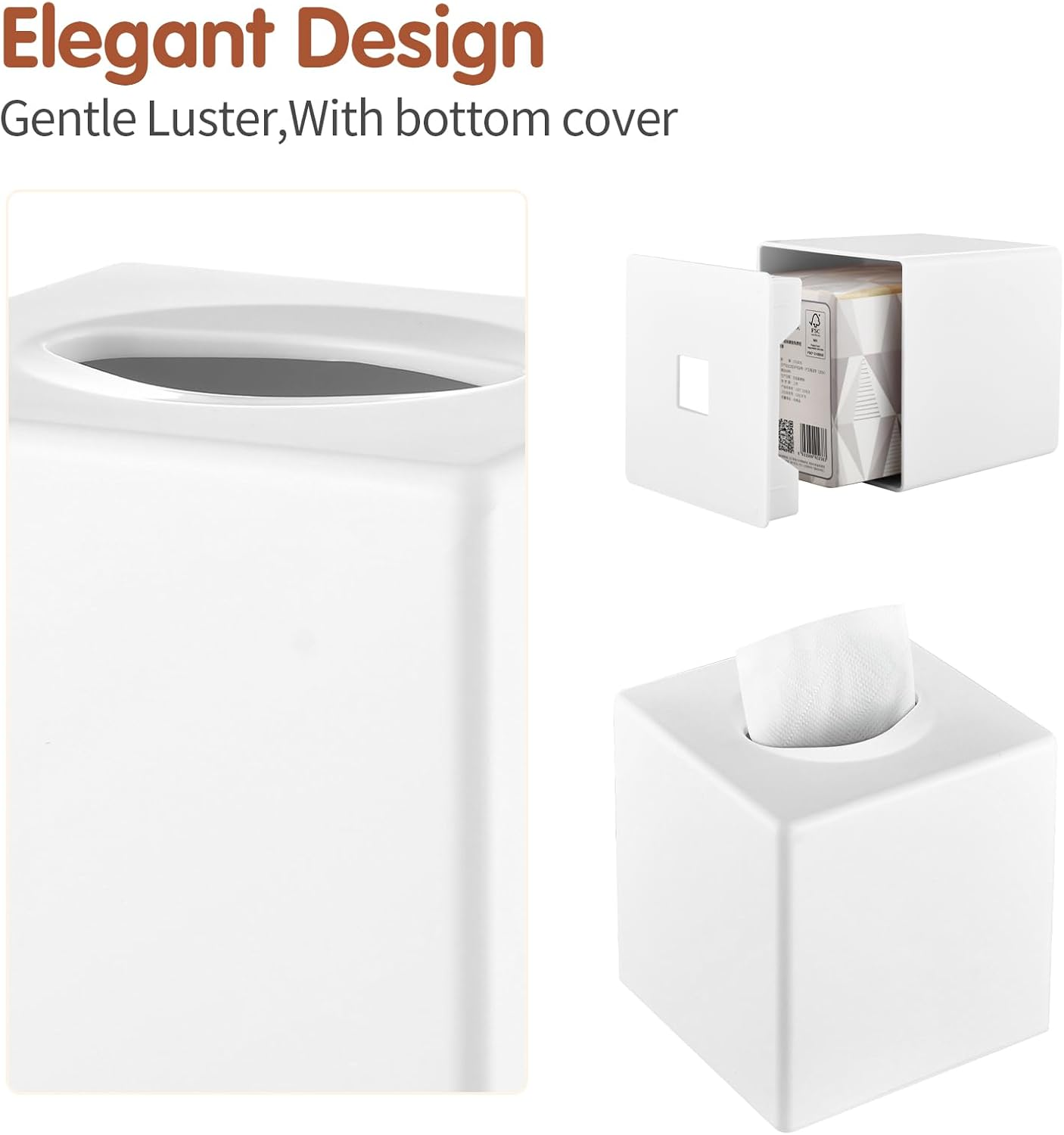 Tissue Box Cover, Square Facial Holder Storage for Bathroom Vanity, Countertops, Dressers, Night Stand, Parlors and Offices - White YH-001 image number 4