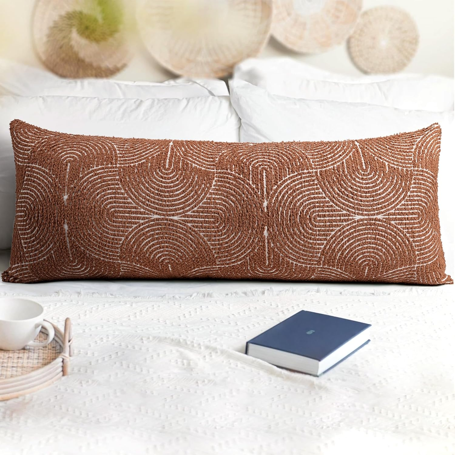 AELS Boho Decorative Textured Throw Pillow Covers 12X20, Organic Modern Mid Century Rainbow Tufted Pillow Case, Farmhouse Rustic Geometric Woven Cushion Case for Bed Couch Sofa, Mustard Yellow