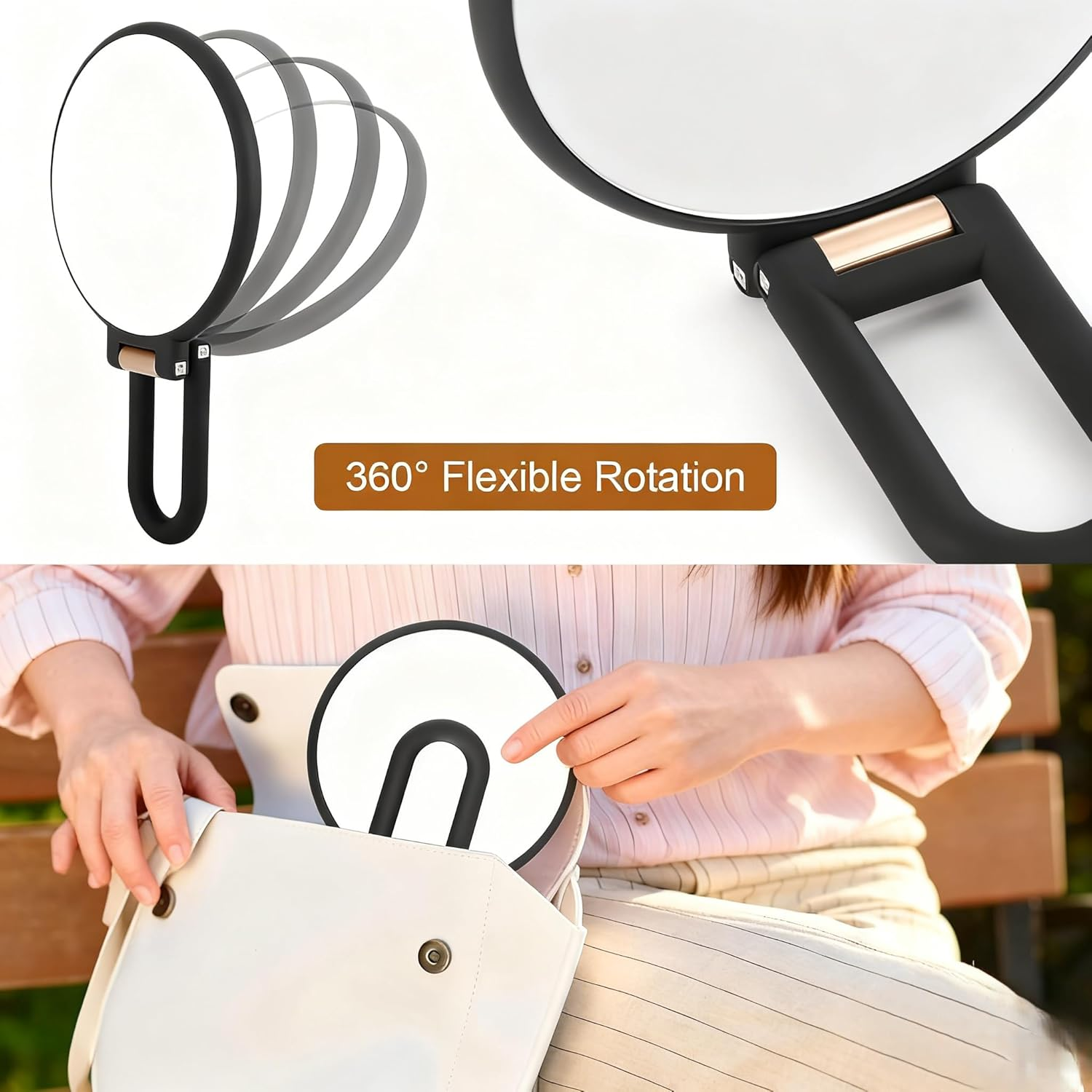WLFADDY 1X 20X Magnifying Travel Mirror, Hand Mirror with Handle - Double Side Hand Held Mirror with 1X 20X Magnification & Foldable Handle, Portable Travel Makeup Hand Mirror for Women (Black) image number 2