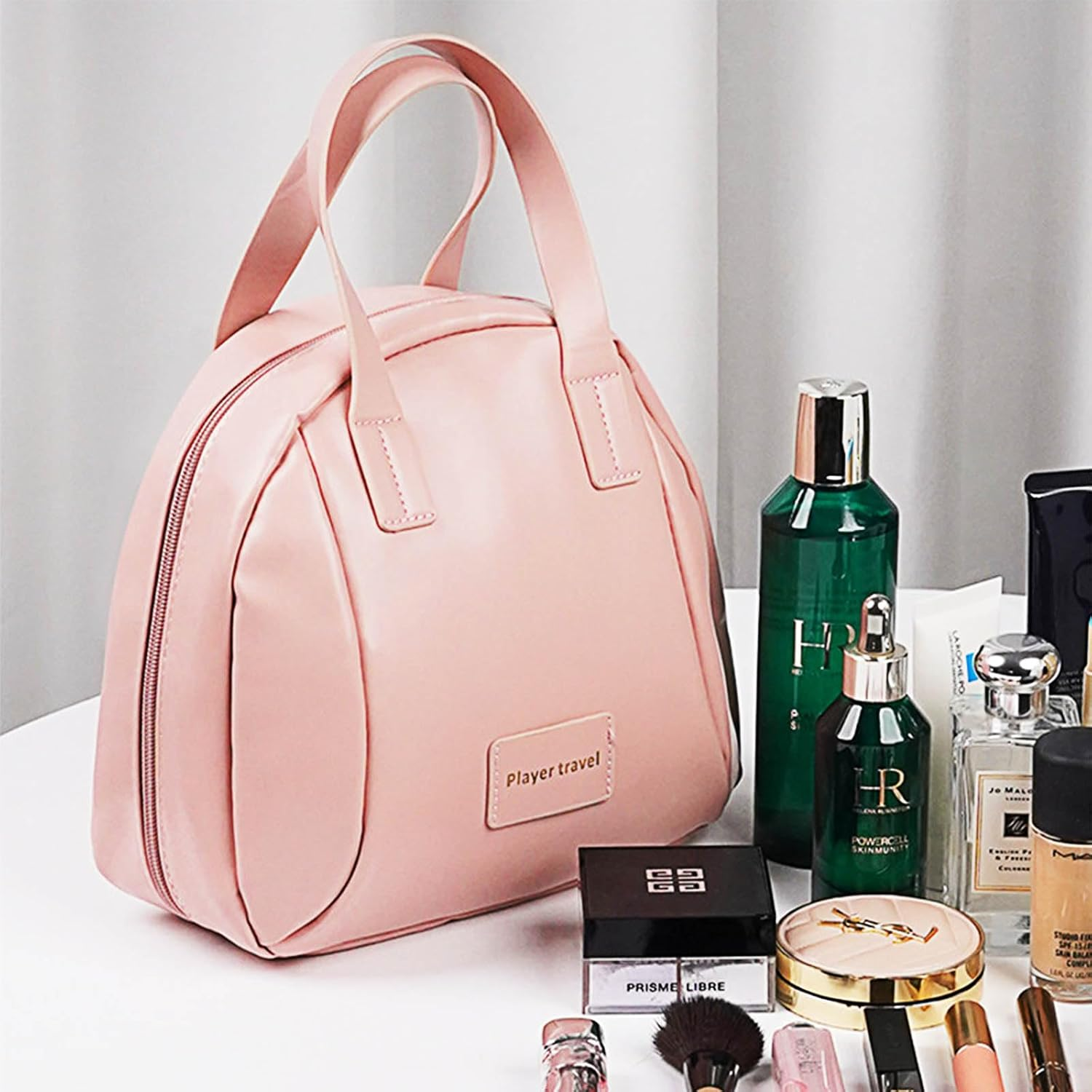 Biiange Elegant Portable Shell Cosmetic Bag, Portable Storage Bag for Women, with Compartments Large Capacity Travel Makeup Bags (Pink) - Pink image number 6