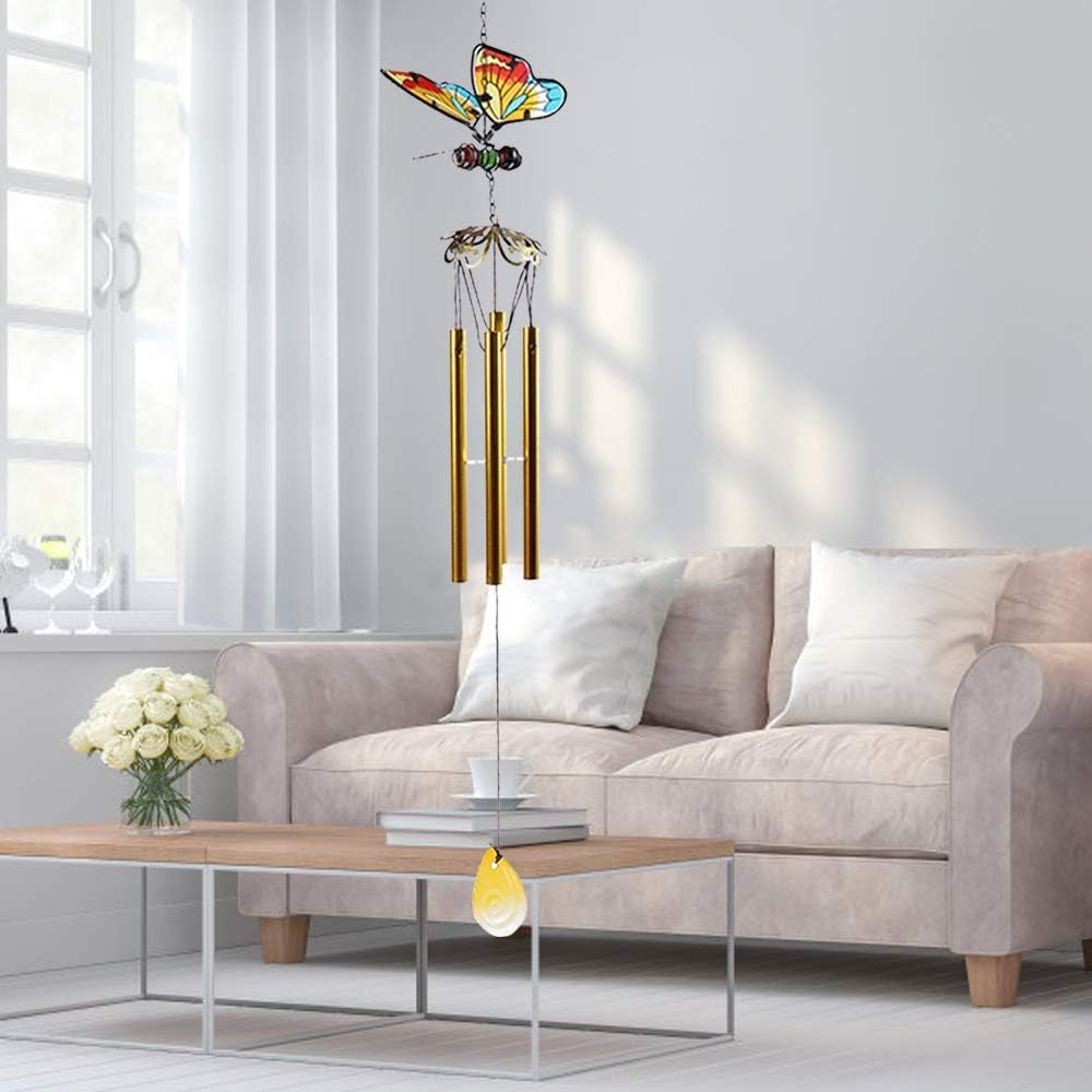Butterfly Wind Chimes, 70Cm Iron Stained Glass Butterfly Wind Chimes Gifts for Mom Outdoor/Indoor Wind Chimes for Home, Garden, Window, Yard, Patio, Lawn Decoration (Yellow)