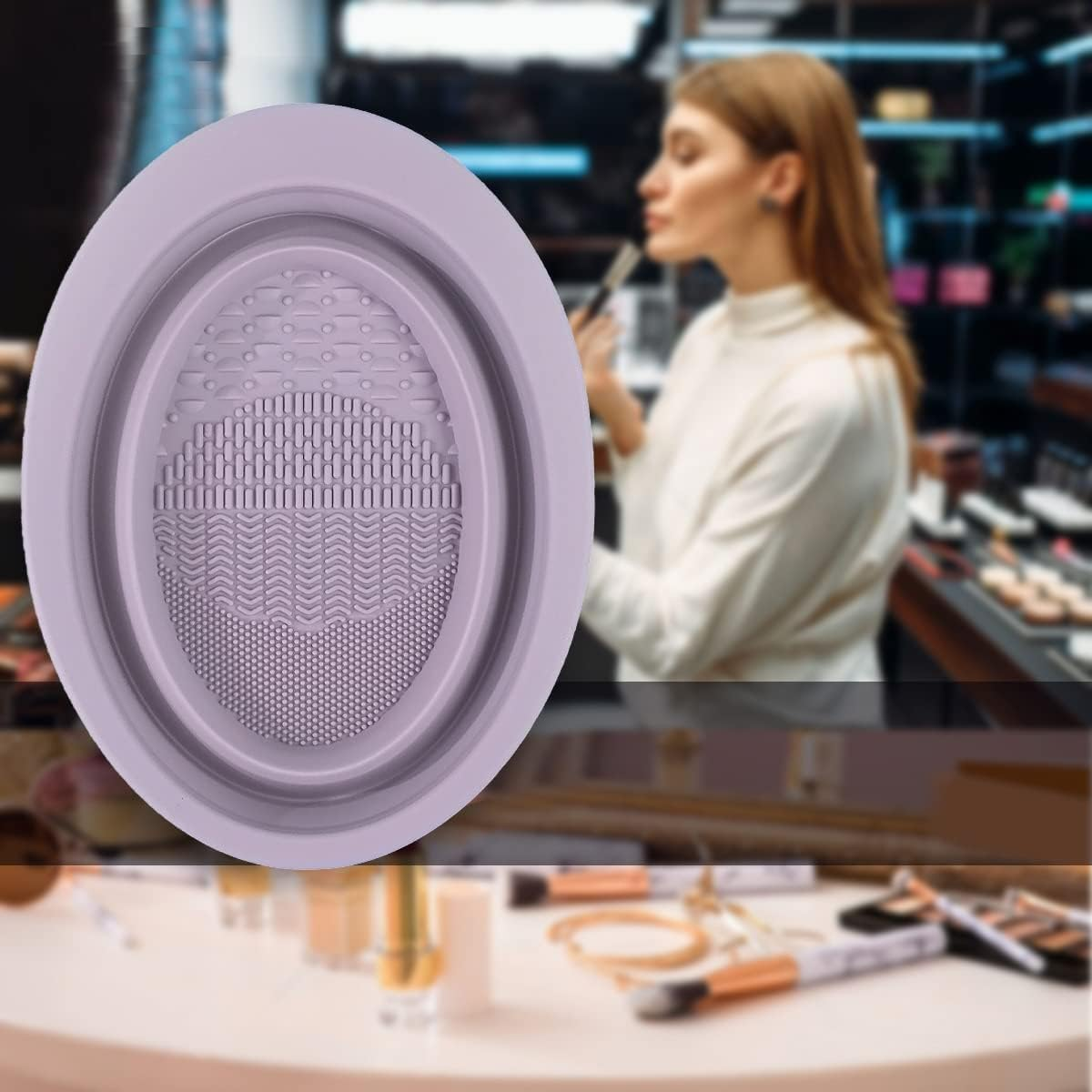 Makeup Brush Cleaning Mat Foldable Environmental Silicone Cleaning Bowl, Brush Cleaning Pad Easy Clean Girl Makeup Brush Cleaner Washing Tools (Purple, One Size) image number 4