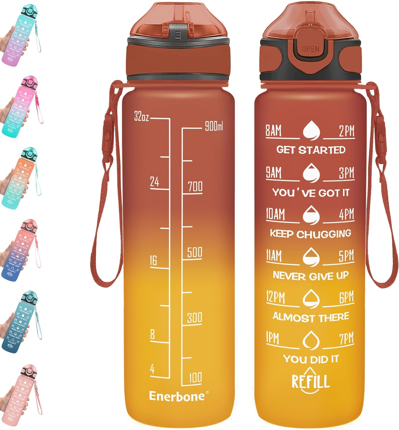 Enerbone 32 Oz Water Bottle with Times to Drink and Straw, Motivational Drinking with Carrying Strap, Leakproof BPA & Toxic Free, Ensure You Drink Enough Water for Fitness Gym Outdoor