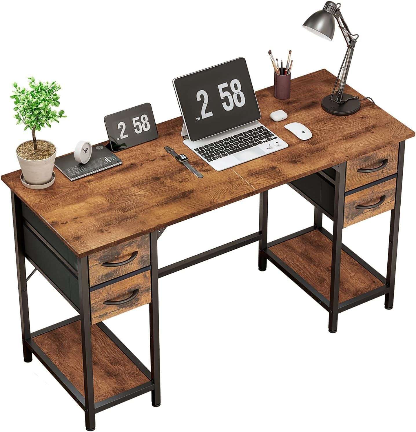 Forthcan Computer Desk, 47 Inch Office Desk Work Table with 4 Drawers, Gaming Desk with Storage, Writing Desk Work Desk for Home Office, Study, Bedroom, Rustic Brown image number 3
