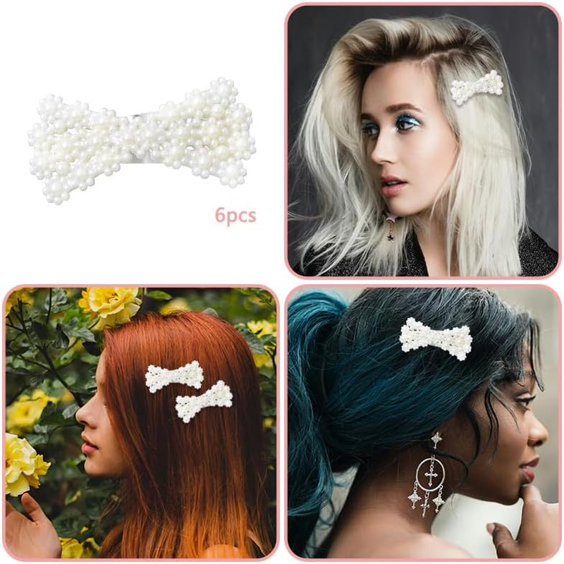Pearl Hair Clips Hair Bow Barrettes for Girls Women Elegant Bowknot Hair Clip Pearl Bobby Pins for Hair Wedding Bow Hair Clips 6Pcs Fashion Hair Accessories for Women image number 3