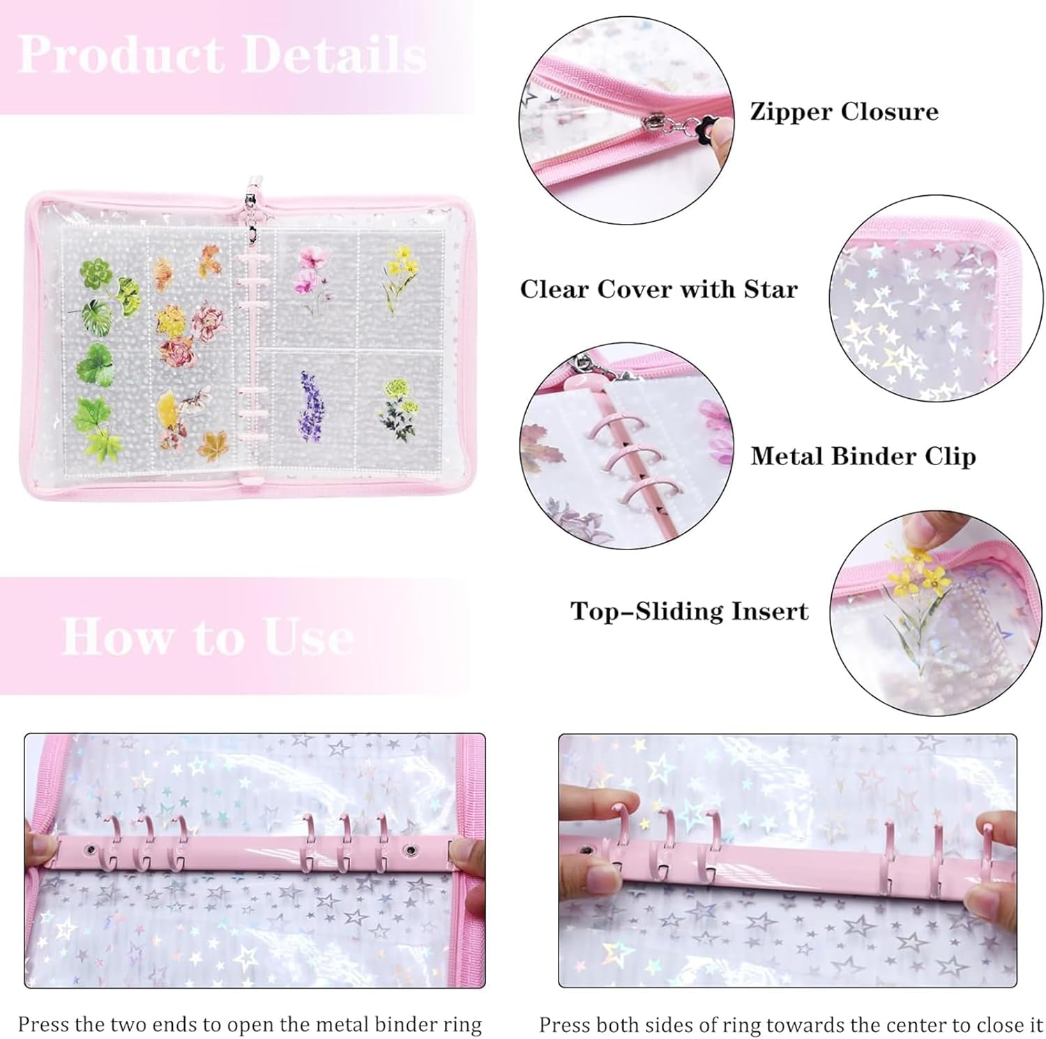 Transparent Zipper Sticker Storage Organizer Binder Album, 90 Pockets for Jewelry, Scrapbook & Collecting Stickers (Pink) - Blue image number 7