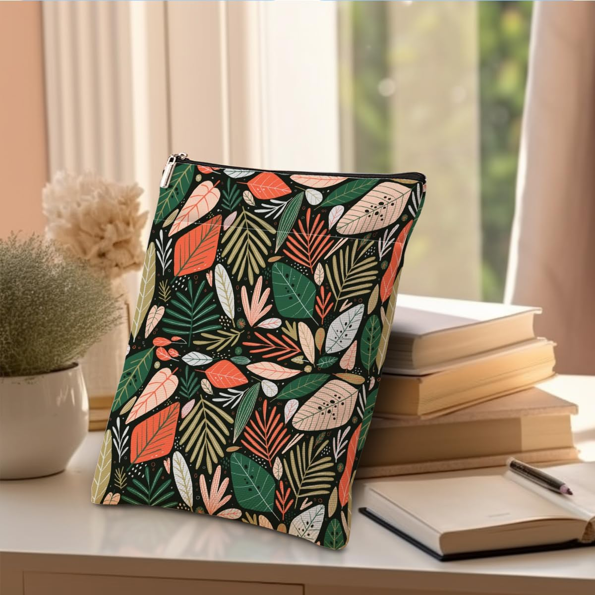 Jeilink Book Sleeve Book Protector Book Pouch Book Lovers Gifts Bookish Gifts Book Cover with Zipper for Hardcover Paperback Washable Leaves Printed Gift Bag for Women Mom Grandma Birthday, Bookcover image number 2