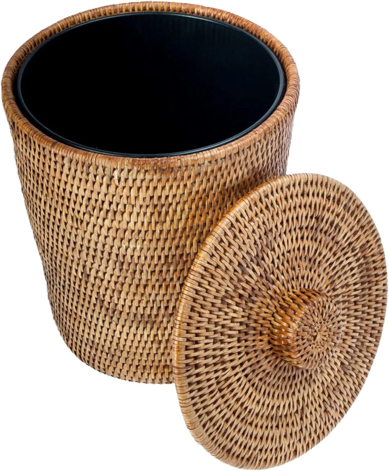 KOUBOO La Jolla Rattan round Waste Basket with Lid & Plastic Insert, 2 Gallon Woven Wastebasket for Bathroom, Kitchen, Office, Living Room, & Home Decor, Honey Brown image number 5