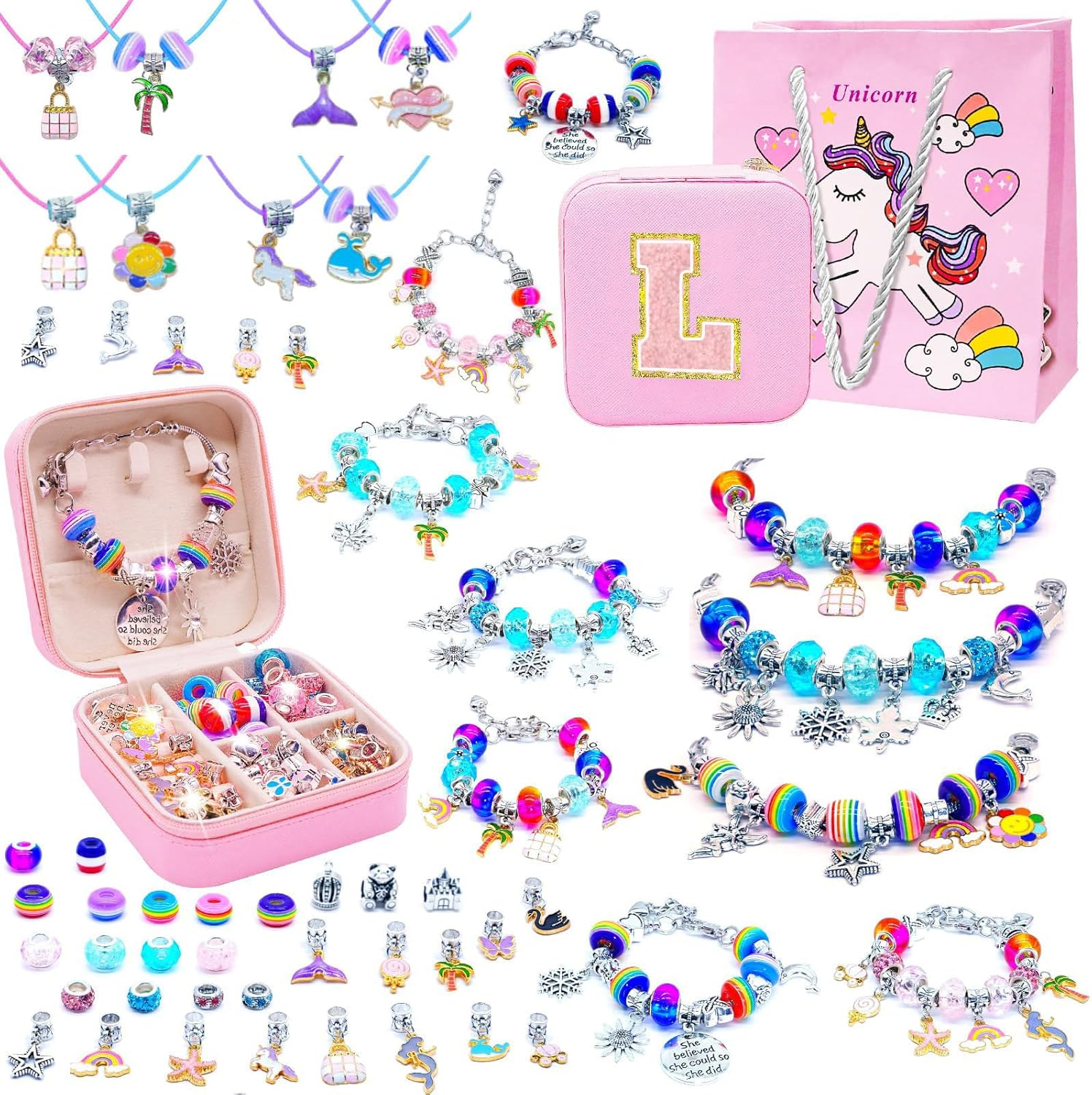 MOTYYA Charm Bracelet Making Kit for Girls 8-12, Art & Crafts for Ages 6-8 Kids DIY Jewelry Making Kit with Initial Box Perfect Personalized Gift 7+ 9 10 11 Year Old Girls Birthday Christmas Stuff - S