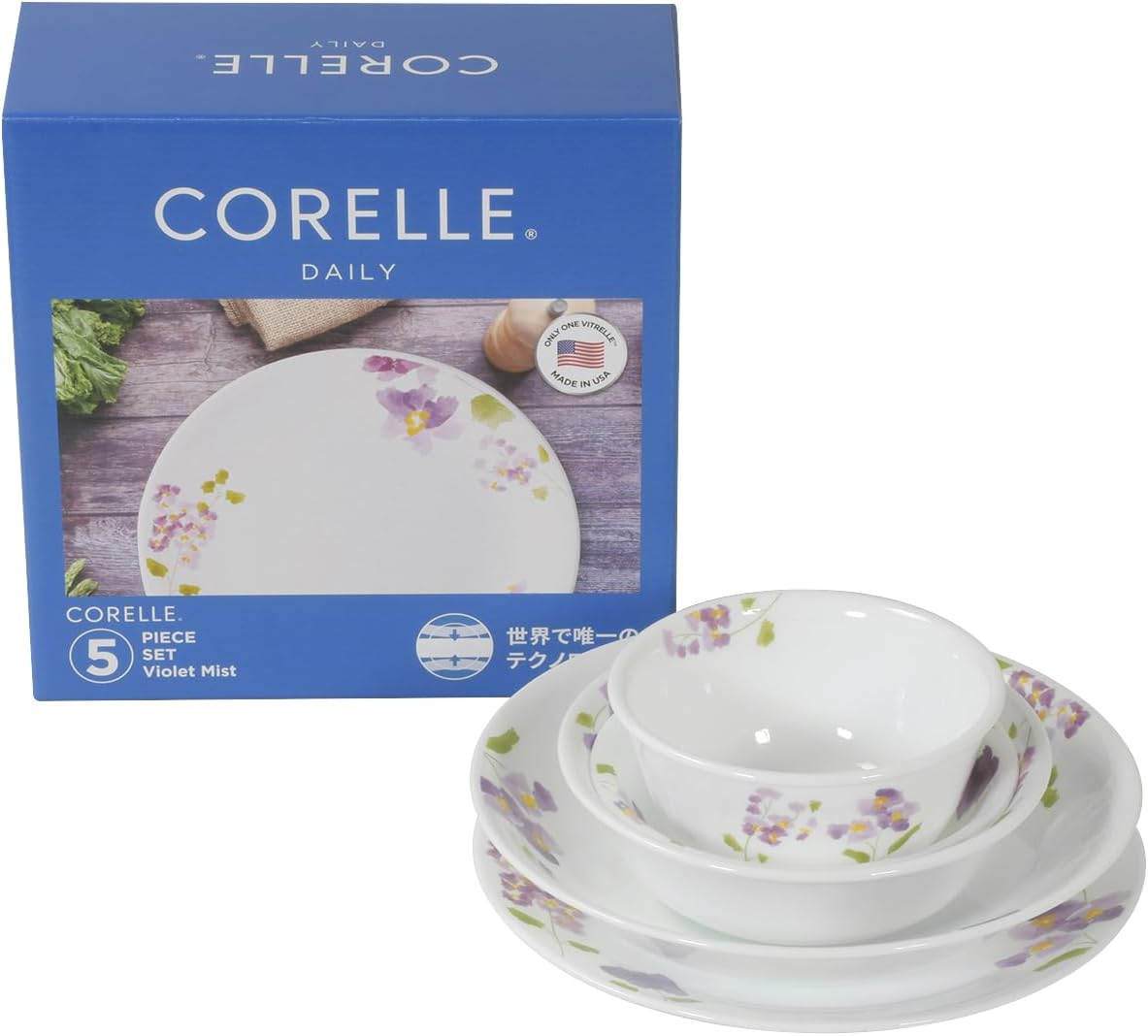 Corelle CP-8941 5-Piece Set, Medium Plate, Deep Plate, Small Bowl, Various Bowl, Break-Resistant, Lightweight, Microwave Safe, Oven Safe, Dishwasher Safe, Daily, Violet Mist image number 4