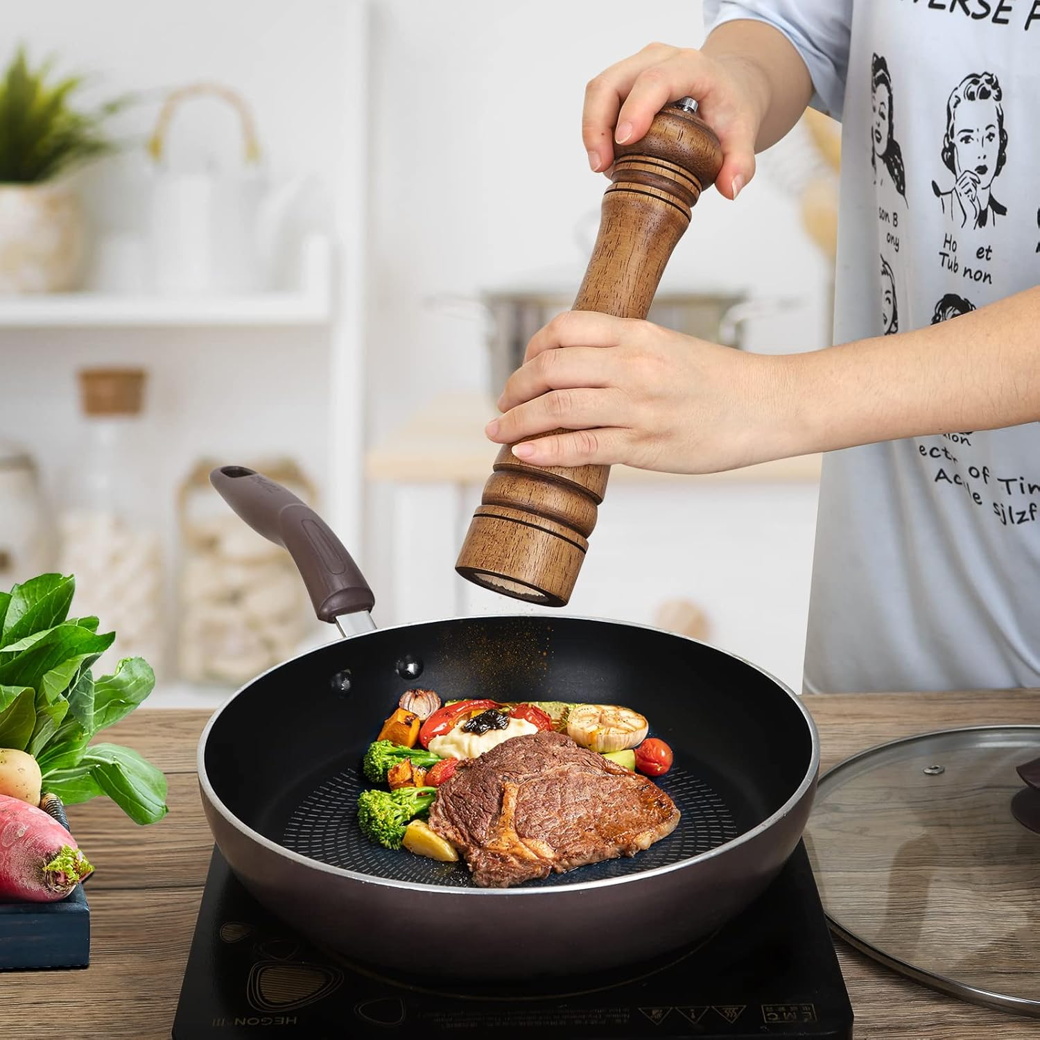 1Pack Wood Pepper Grinder, 10 Inch Salt Mill Pepper Grinder, Pepper Mill, Salt Shakers with Adjustable Ceramic Rotor - 1 Pack Oak Wood Pepper Grinder for Your Kitchen image number 2