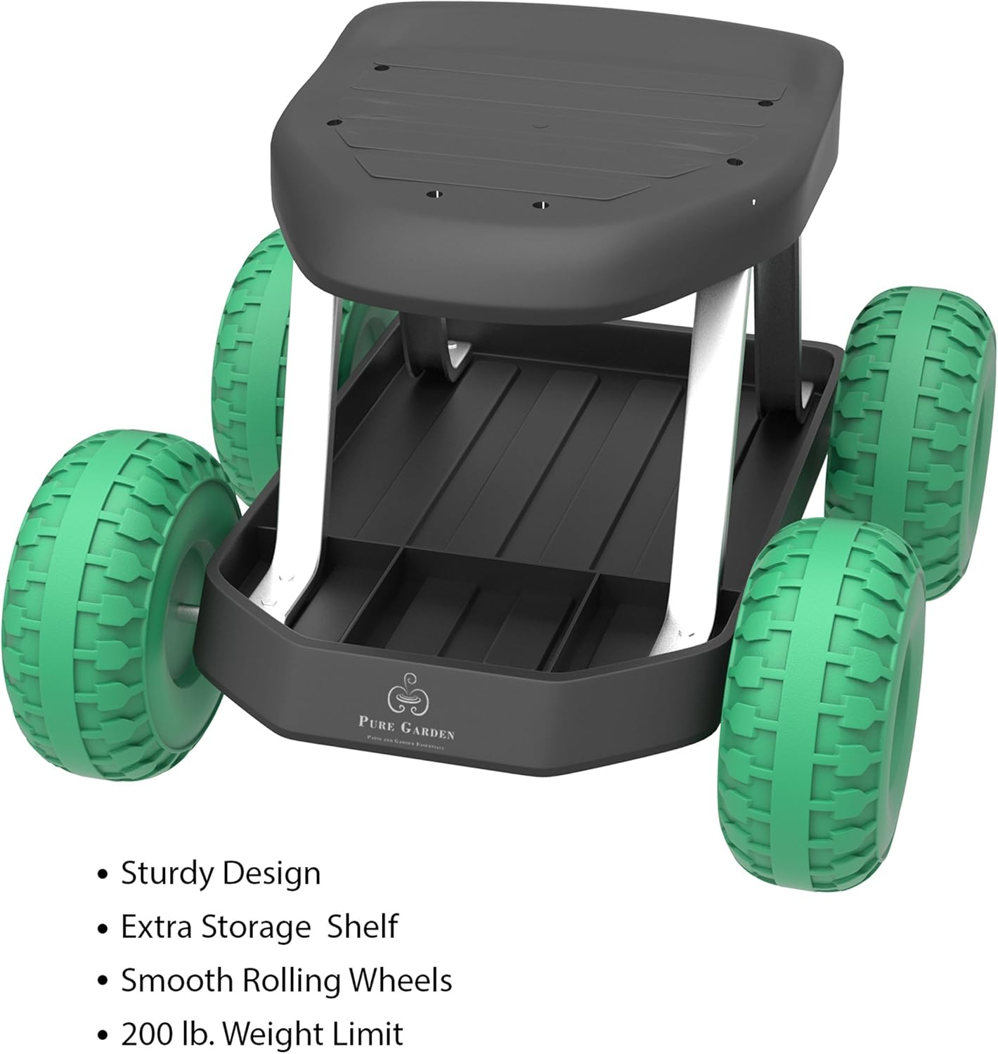 Pure Garden 82-VY021 Cart Rolling Stool with Wheels Seat, and Tool Tray for Weeding, Planting, or Lawn Care &ndash; Gardening Accessories and Supplies, 17.5X19, Green/Black