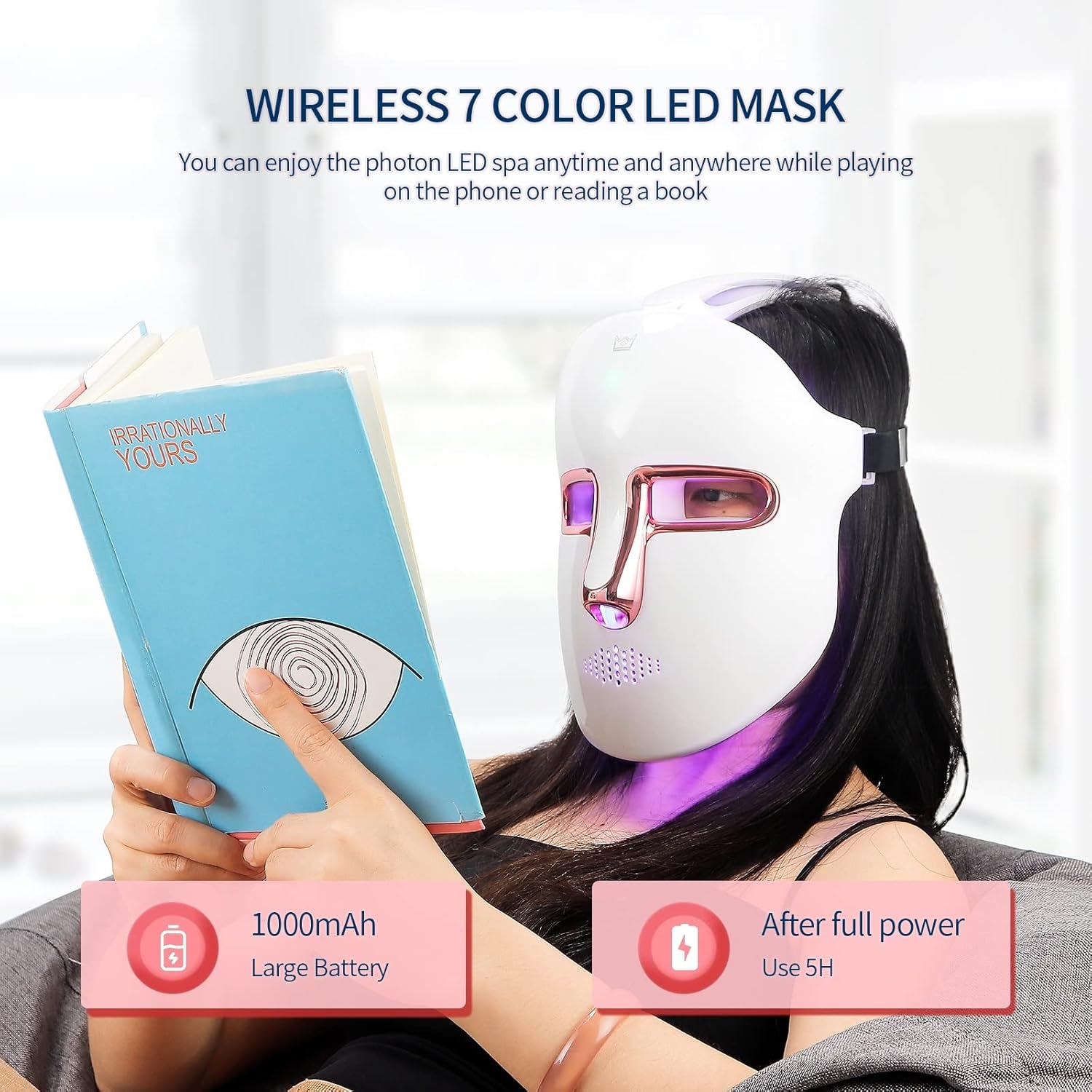 LIARTY 7 Color LED Face Light Therapy Mask Beauty Skin Rejuvenation Photon Device, Blue＆Red Light Face Beauty Mask for Face Lifting, Whitening, Firming,Tightening Skin Care(White)