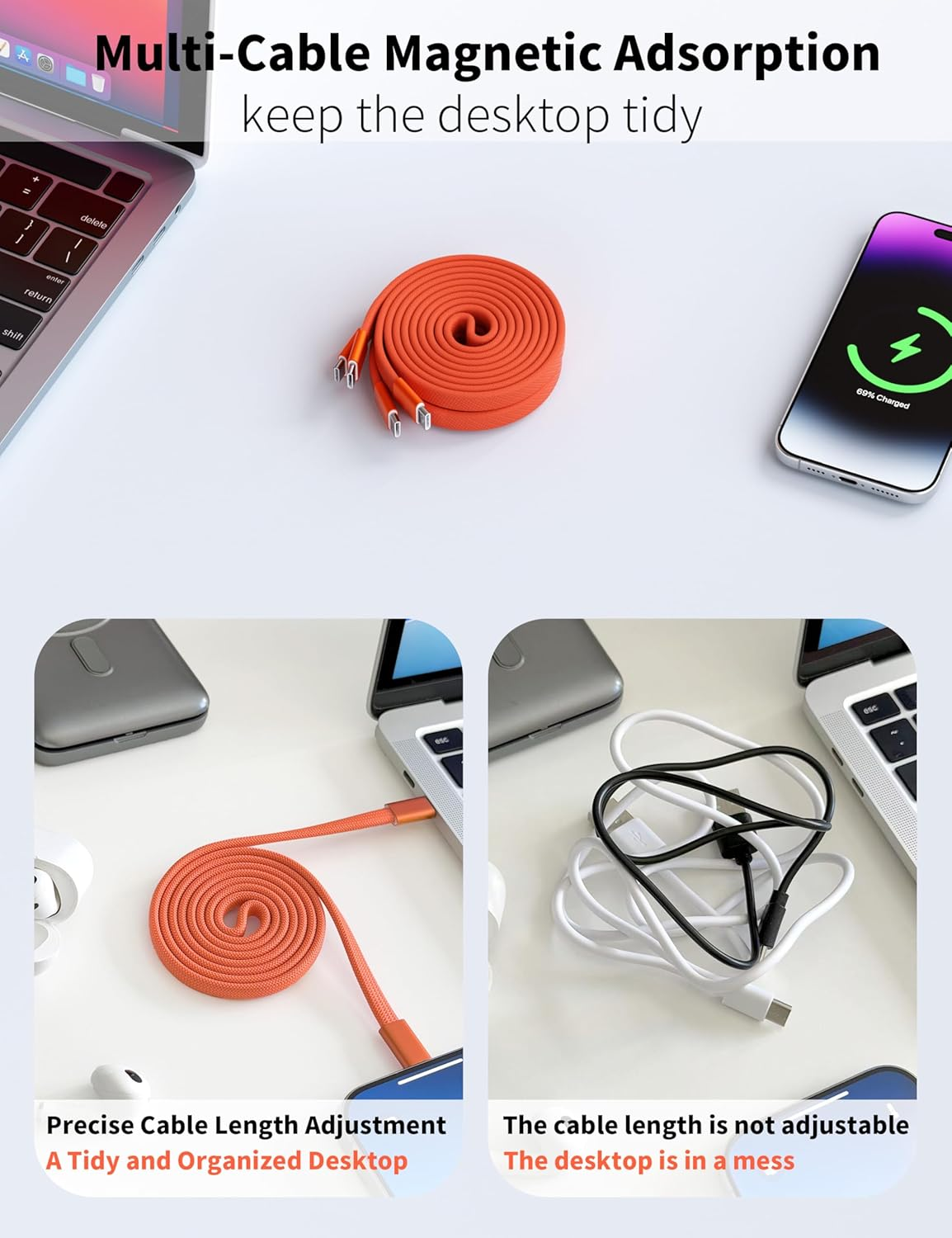 BELAROI 100W Magnetic USB-C Flat Charging Cable 1M, USB C to USB C Fast Charger, Coiled Retractable Tangle Cord for Macbook Pro/Air, Ipad, Iphone 15/16/17 Series, Laptops, Galaxy, Pixel, Etc(Orange) - Orange image number 3