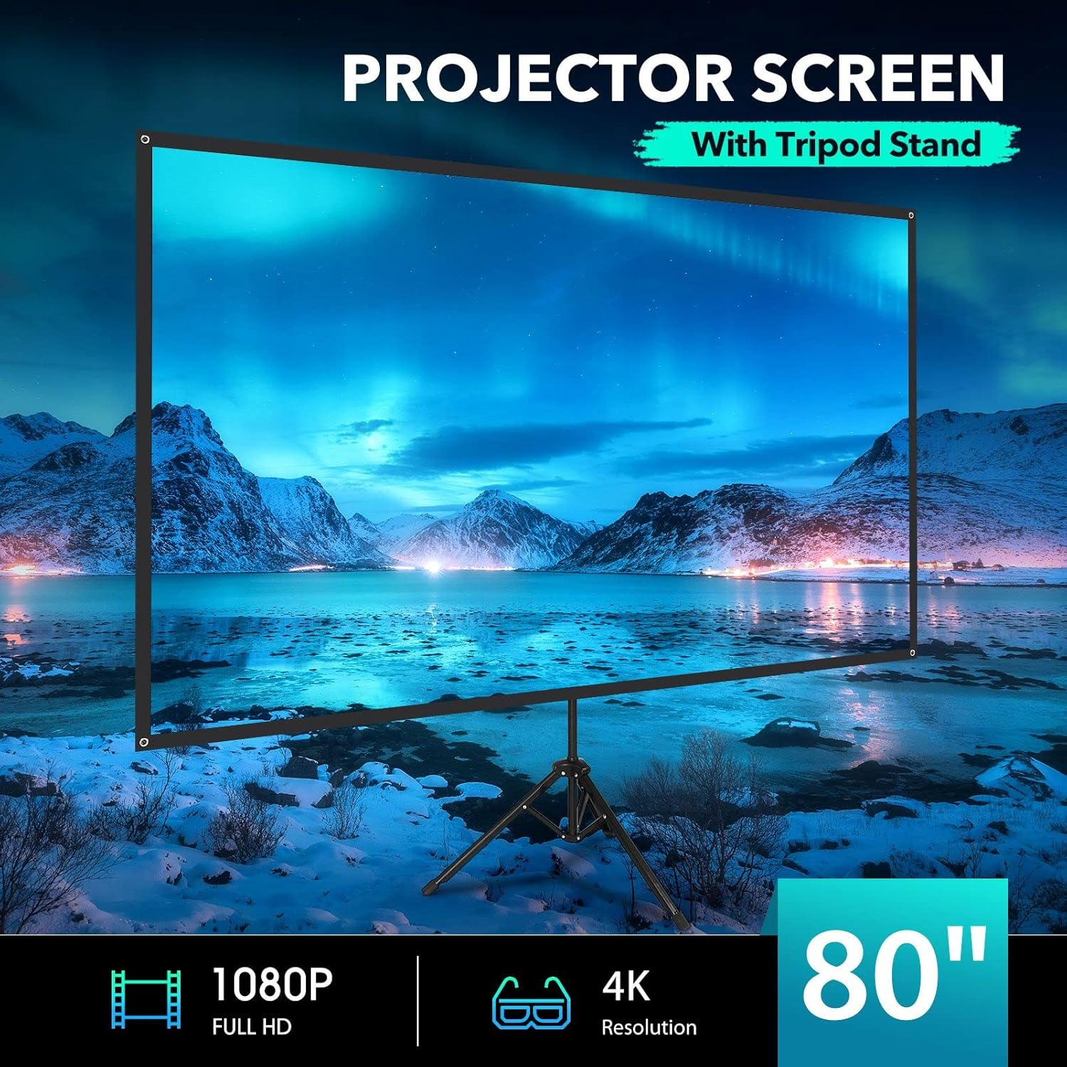 OGL 4K Portable Projector Screen with Tripod Stand, 80 Inch 16:9 Light-Weight Outdoor Movie Screen, Mobile and Compact, Easy Setup and Carrying, Projection Screen with 1.2 Gain Density Fiber, Idea for Home Cinema, Tours, Exhibitions, Meeting image number 4